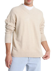 CALVIN KLEIN Lycra Blend Comfort Men Jumper XL Beige Wool Blend V-Neck Pull On