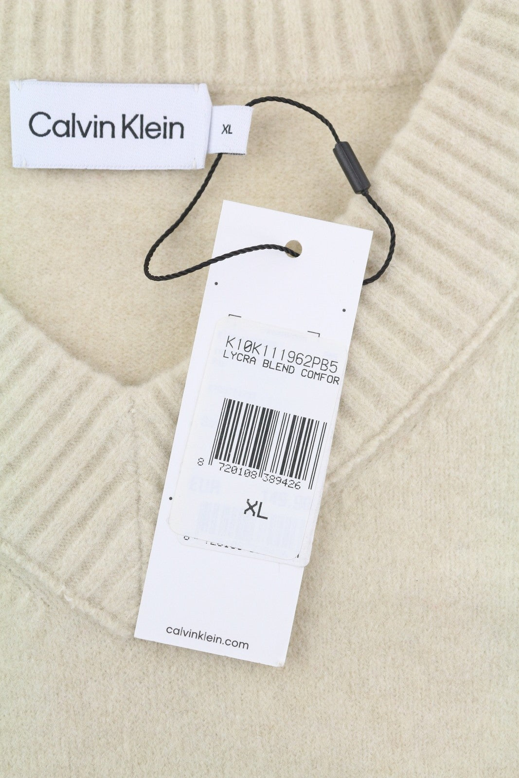 CALVIN KLEIN Lycra Blend Comfort Men Jumper XL Beige Wool Blend V-Neck Pull On