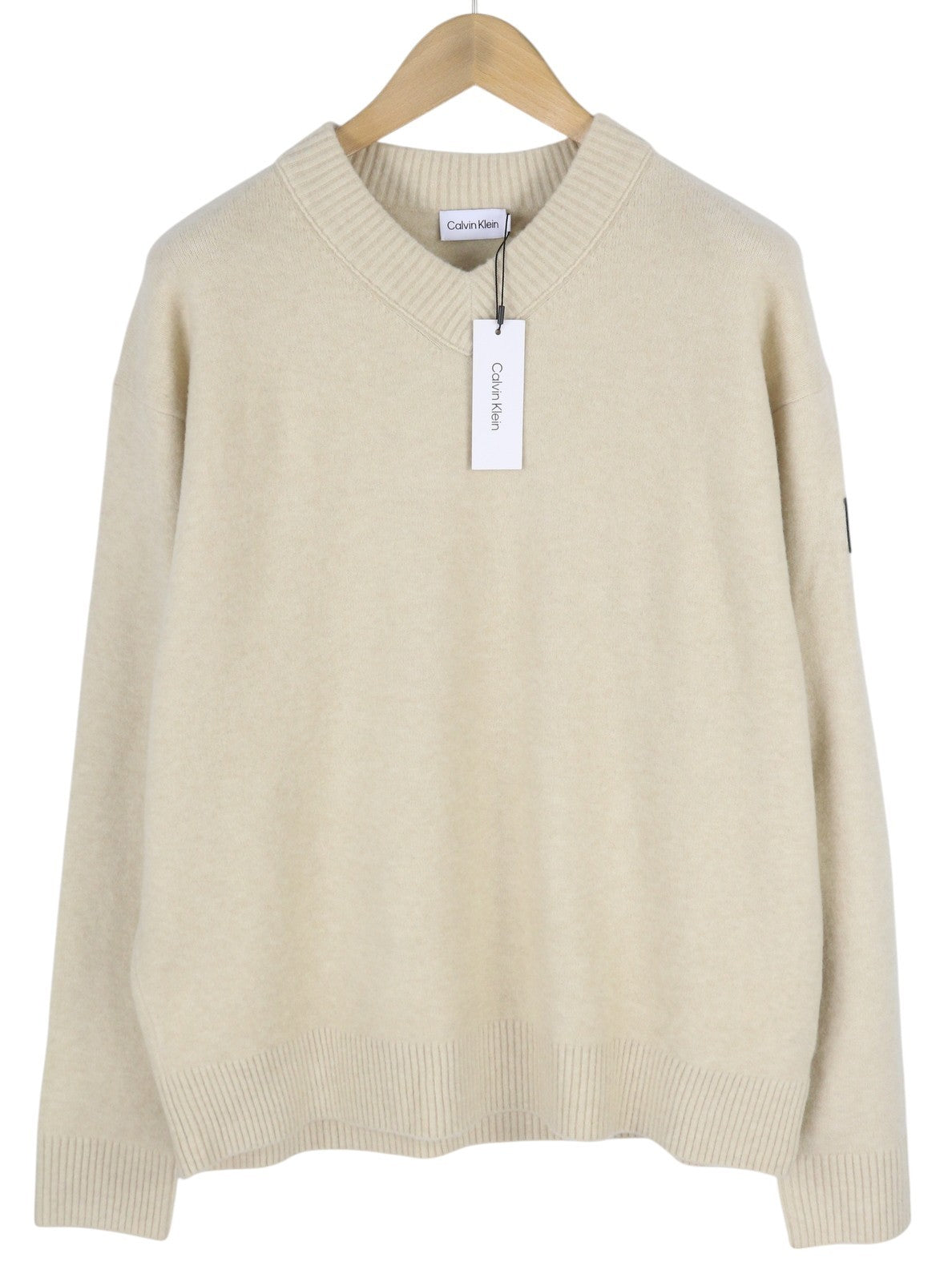 CALVIN KLEIN Lycra Blend Comfort Men Jumper XL Beige Wool Blend V-Neck Pull On