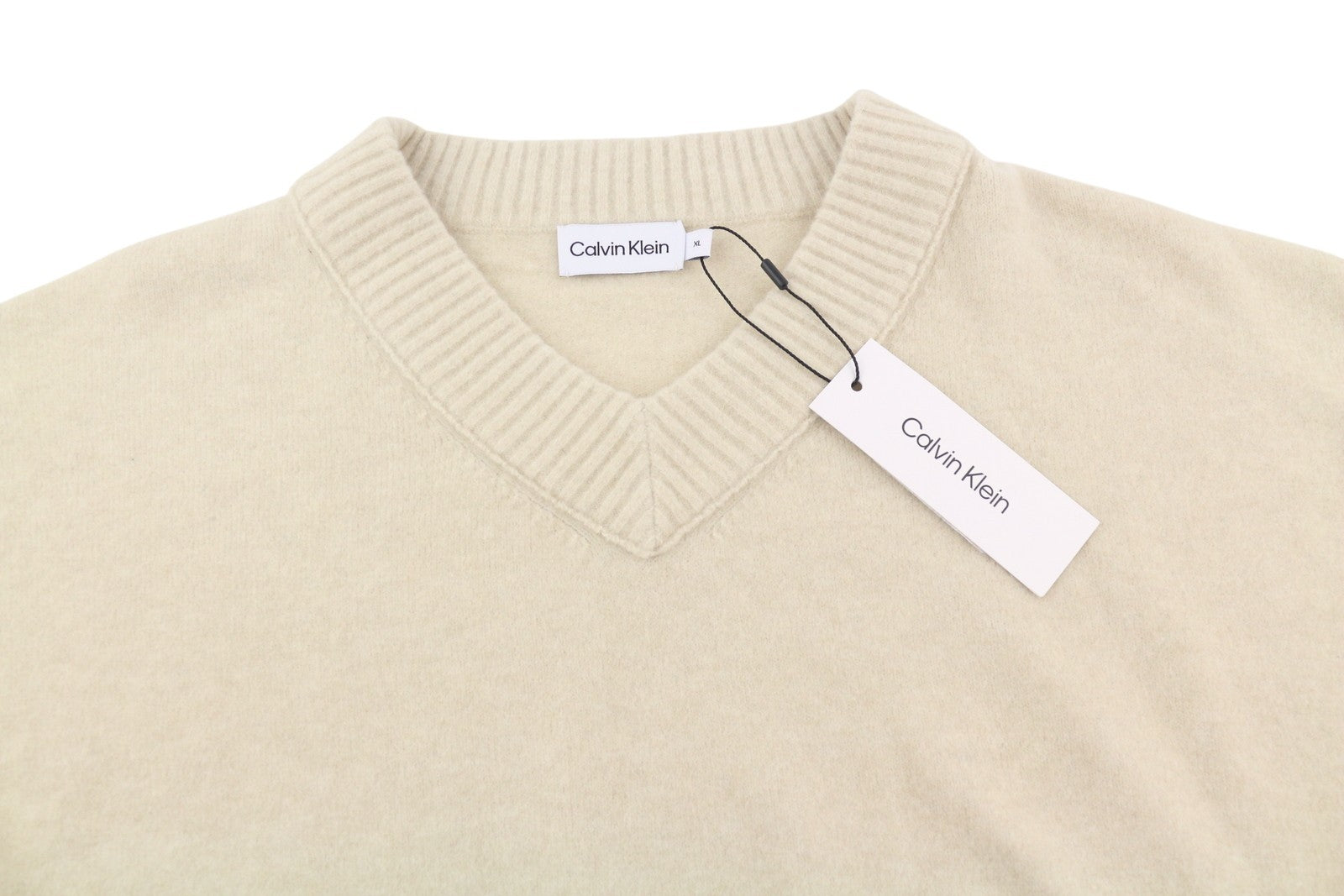 CALVIN KLEIN Lycra Blend Comfort Men Jumper XL Beige Wool Blend V-Neck Pull On
