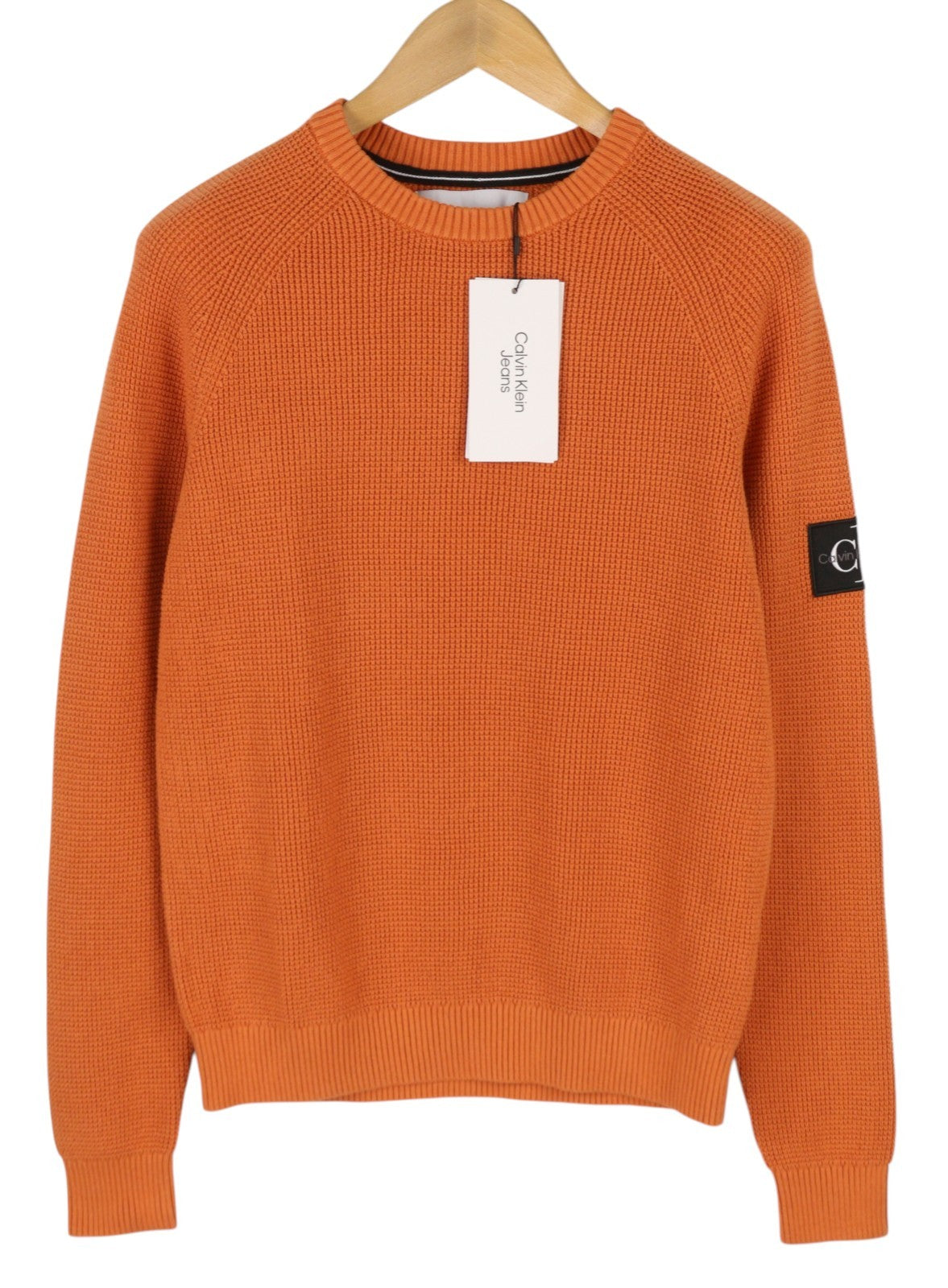 CALVIN KLEIN Badge Easy Men Jumper S Orange Cotton Waffle-Knit Crew Pull On
