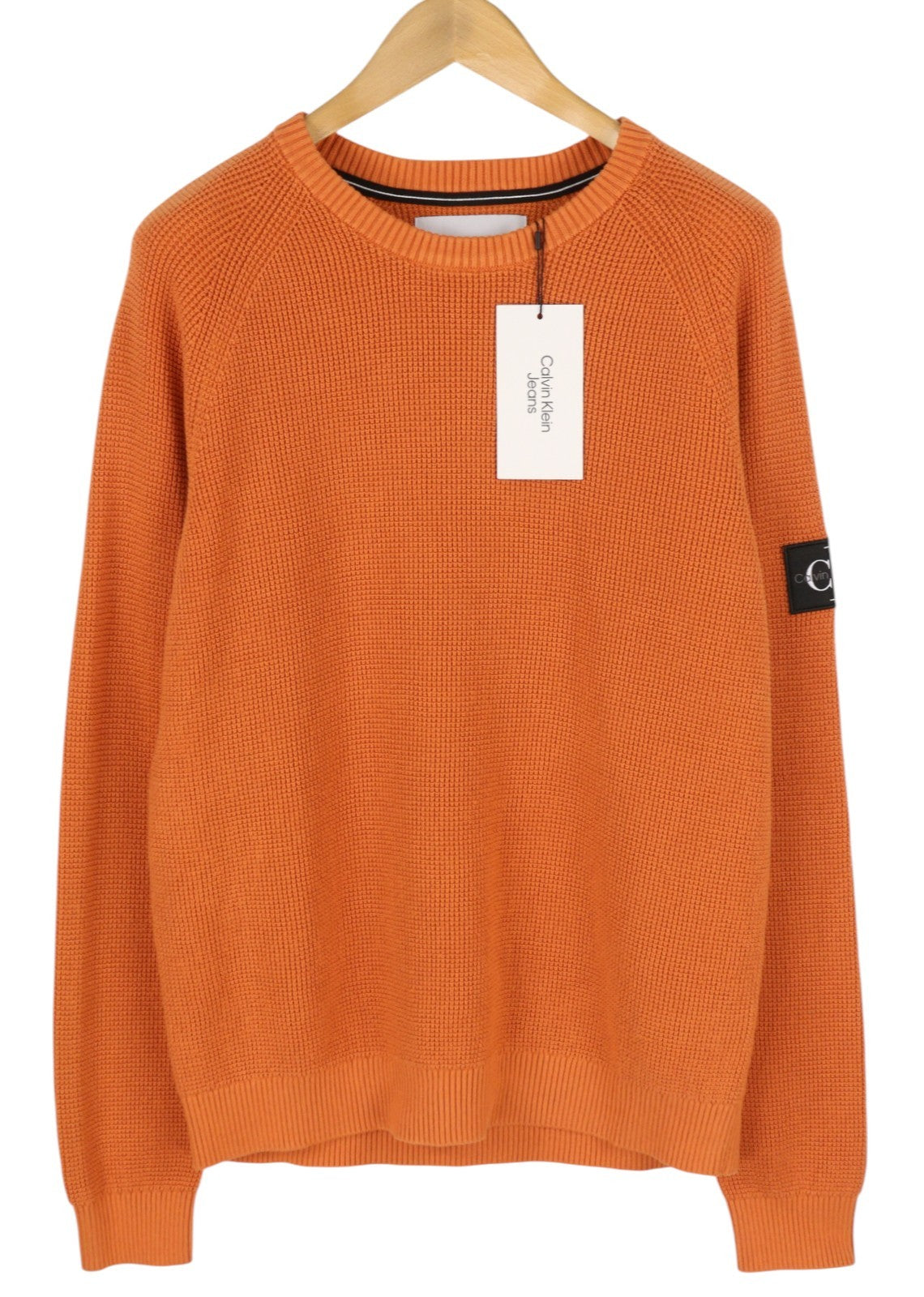 CALVIN KLEIN Badge Easy Men Jumper XL Orange Cotton Waffle-Knit Crew Pull On