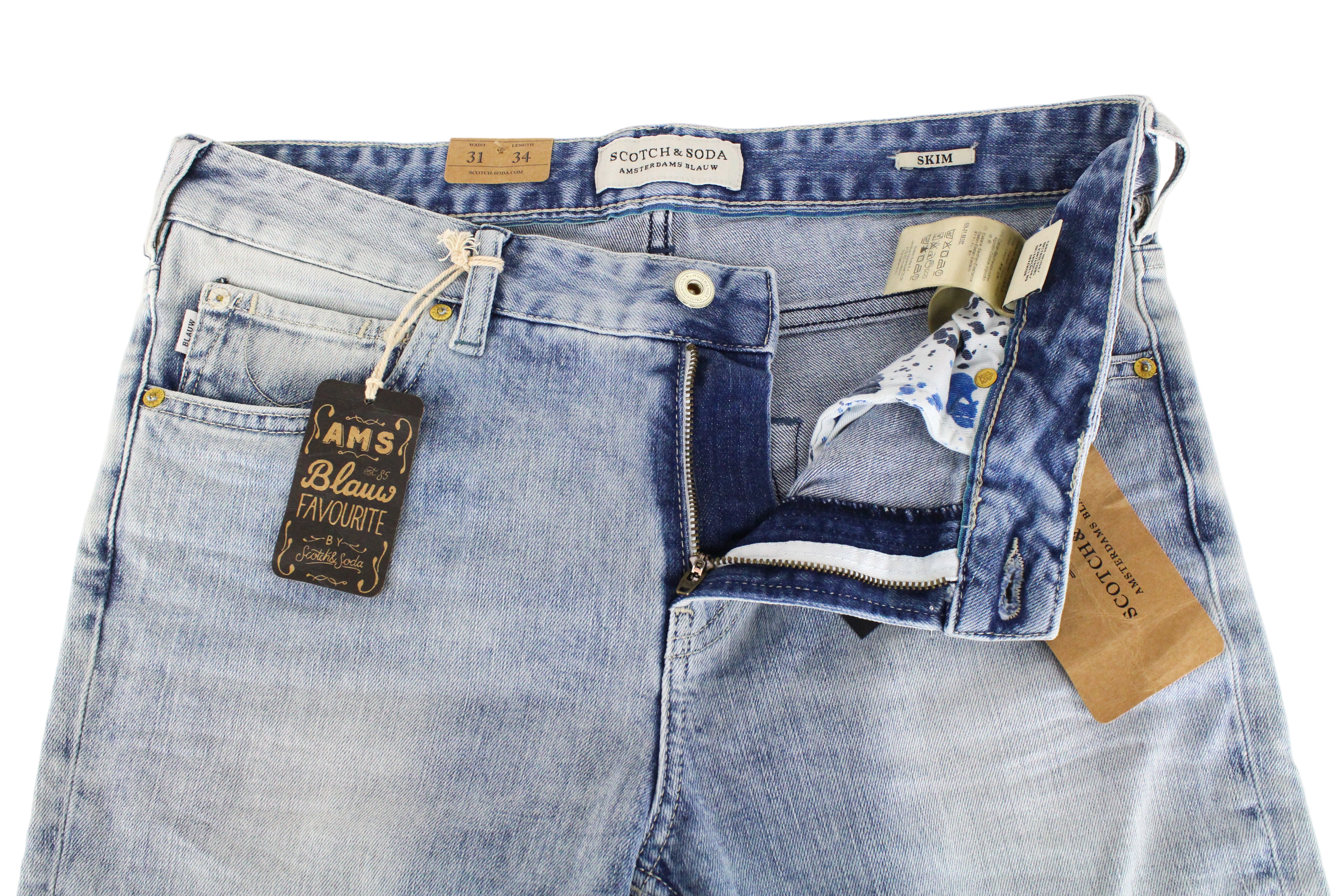 SCOTCH &amp; SODA Skim vyriški W31/L34 mėlyni medvilniniai tamprūs aptempti džinsai su 5 kišenėmis 