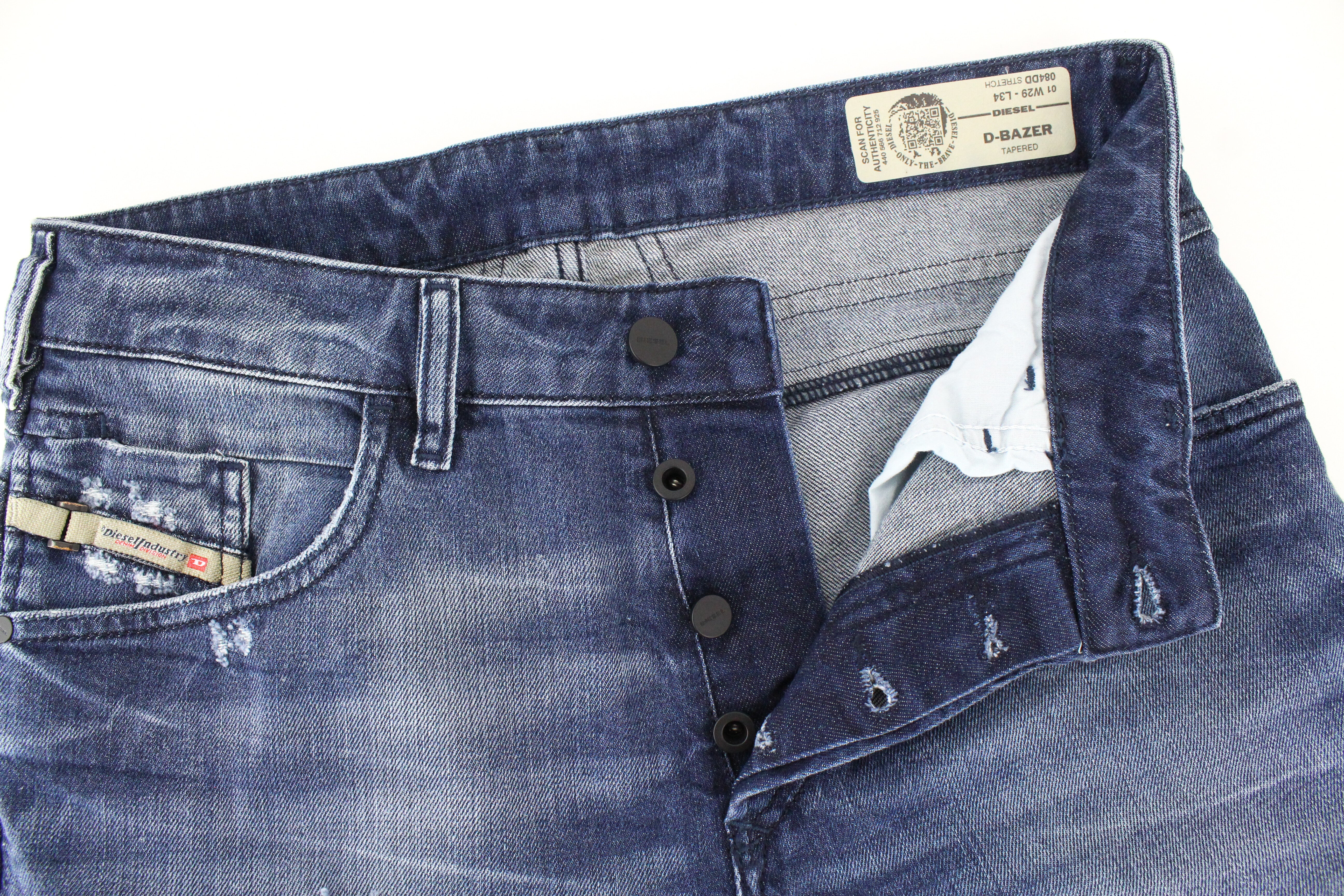 DIESEL D-Bazer 084DD vyriški džinsai W29/L34 mėlyni, skalbtos medvilnės, siaurėjančio kirpimo, tamprūs. 