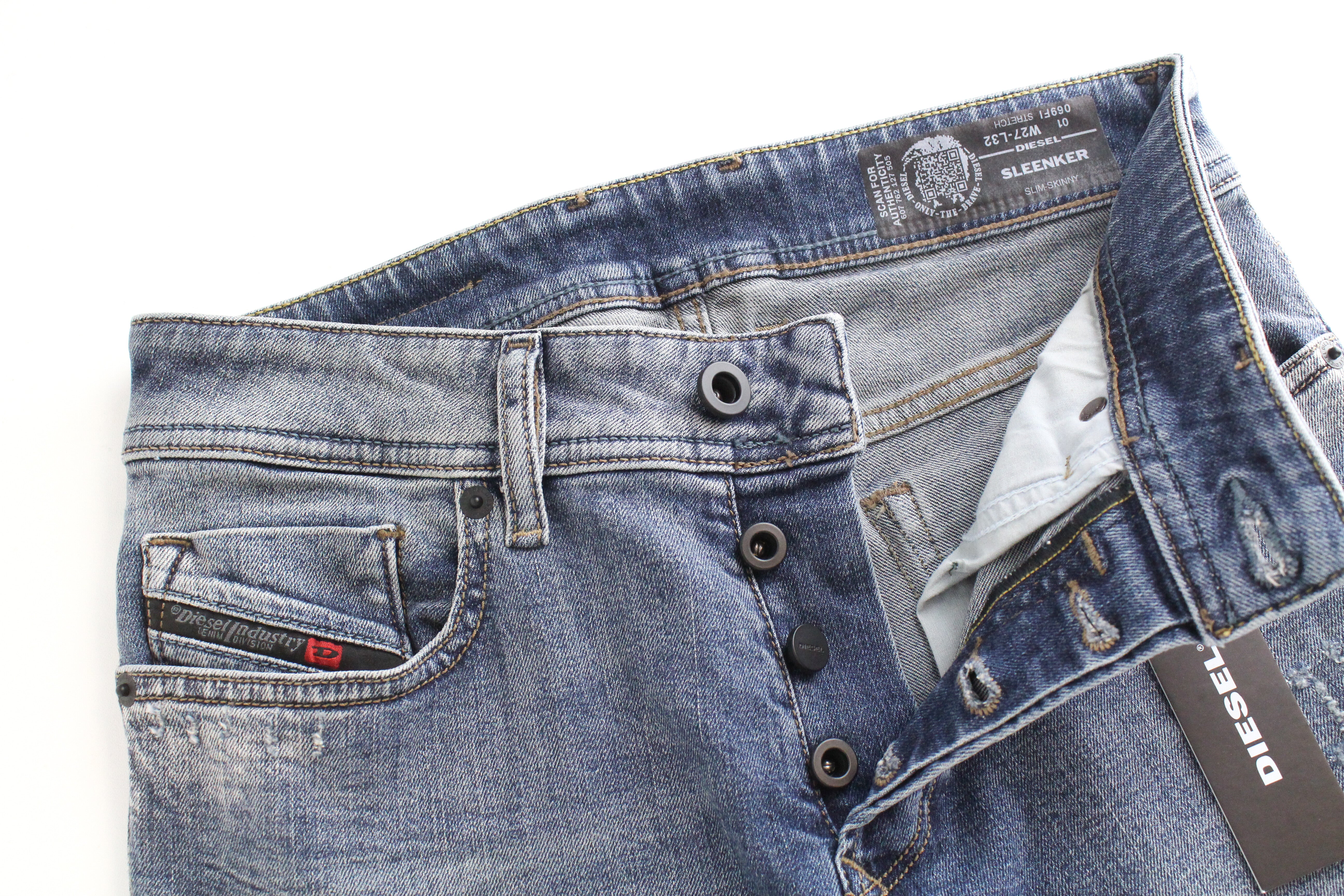 DIESEL Sleenker 069FI vyriški džinsai W27 L32 Slim Stretch Fit mėlyni skalbto džinso atspalviai 