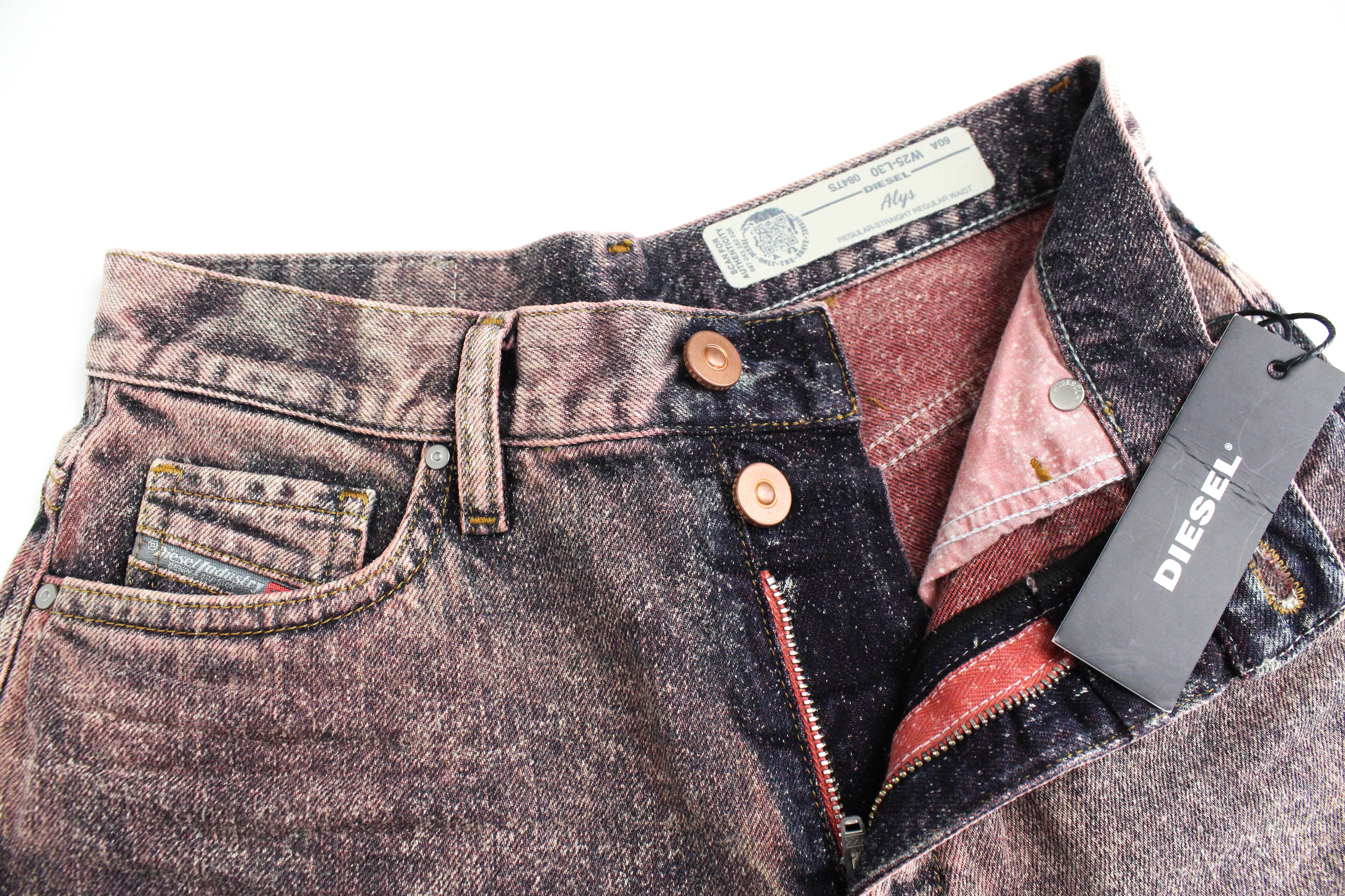 DIESEL Alys 084TS moteriški džinsai W25/L30 tiesaus kirpimo, medvilniniai, pilkai rožiniai, skalbti 