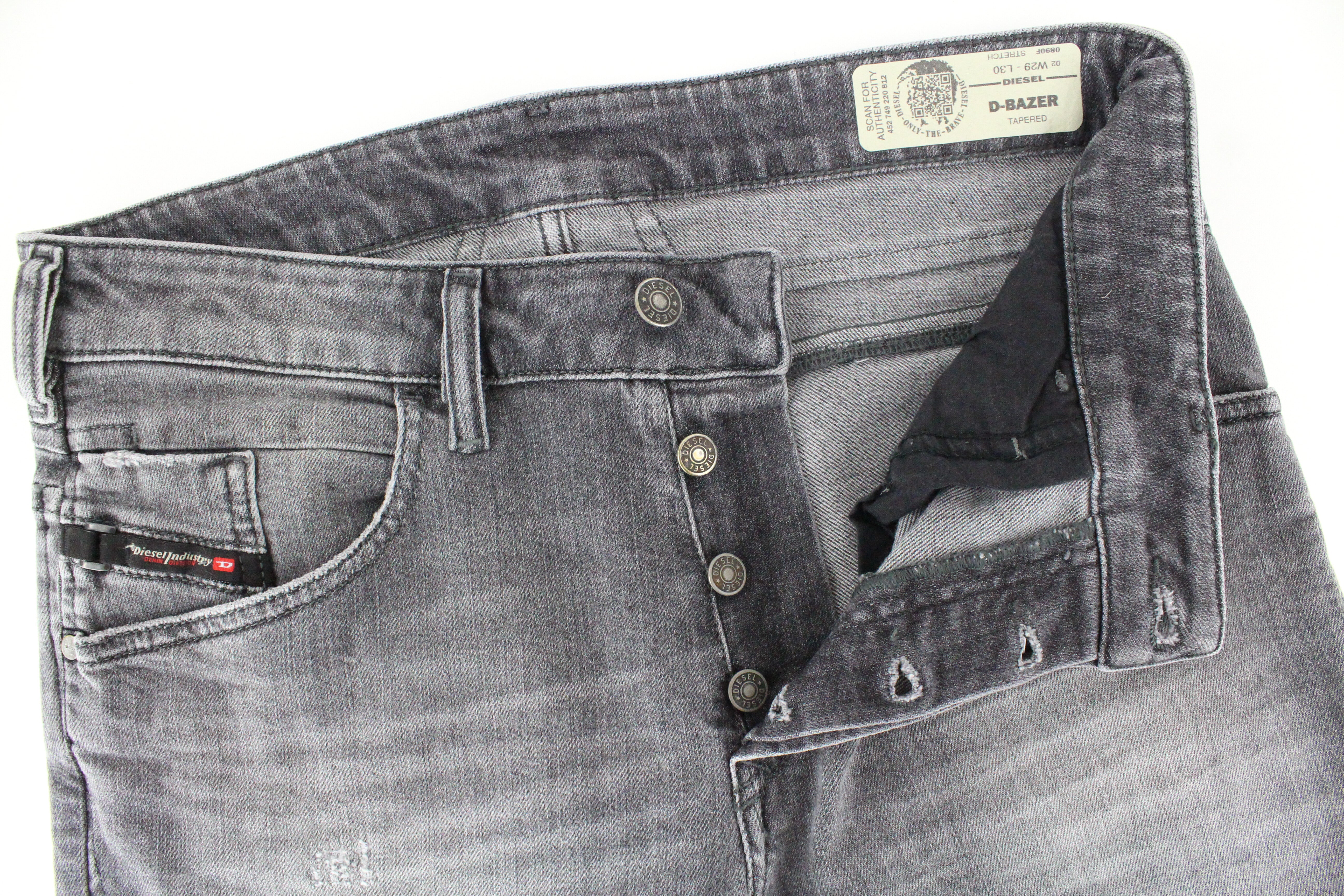 DIESEL D-Bazer 0890F vyriški džinsai W29/L30 siaurėjantys medvilniniai tamprūs džinsai pilki plėšyti 