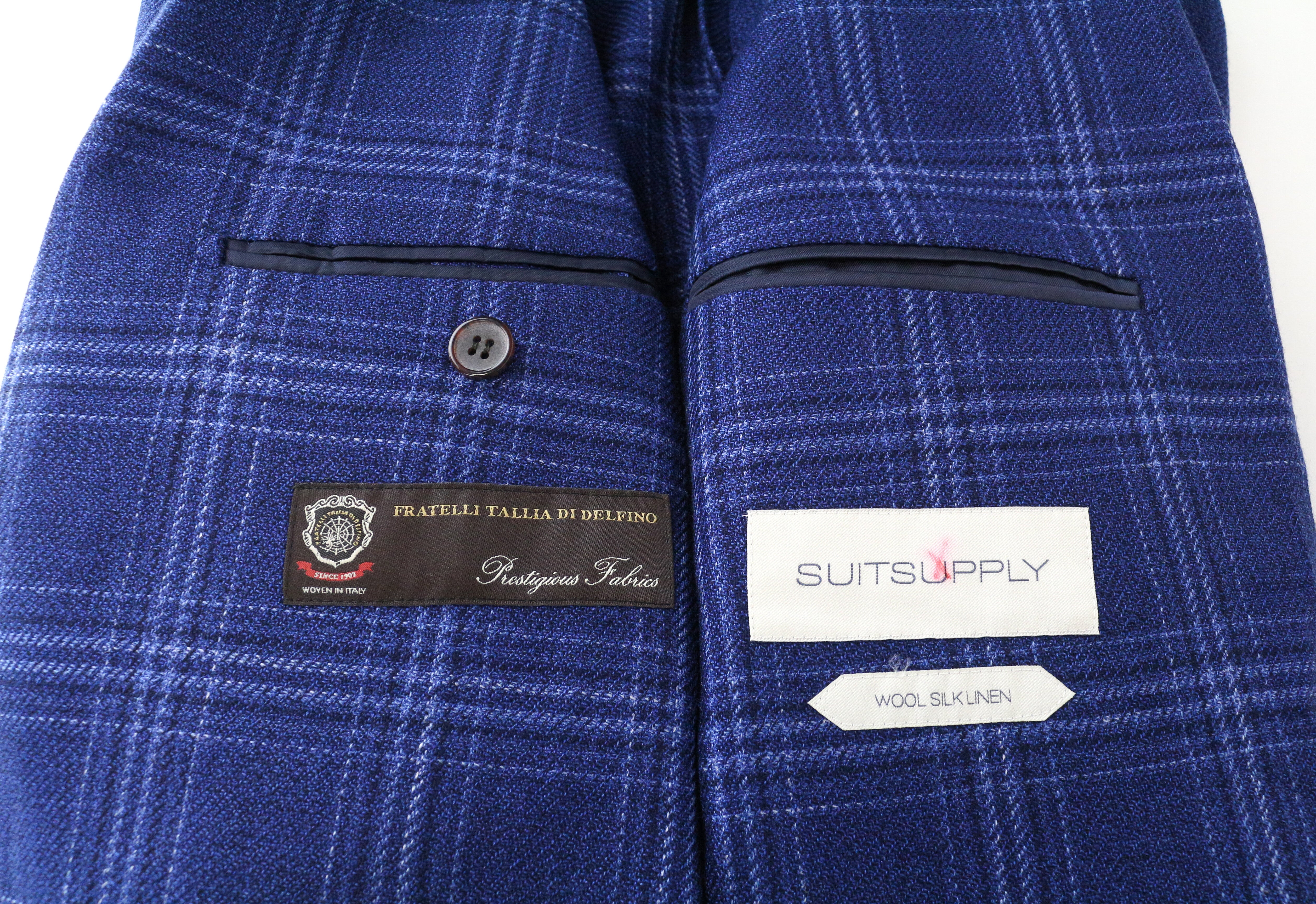 SUITSUPPLY vyriškas švarkas „Havana“ – 36R languotas mėlynas vilnonis, šilkinis, lininis, plonas kirpimas 