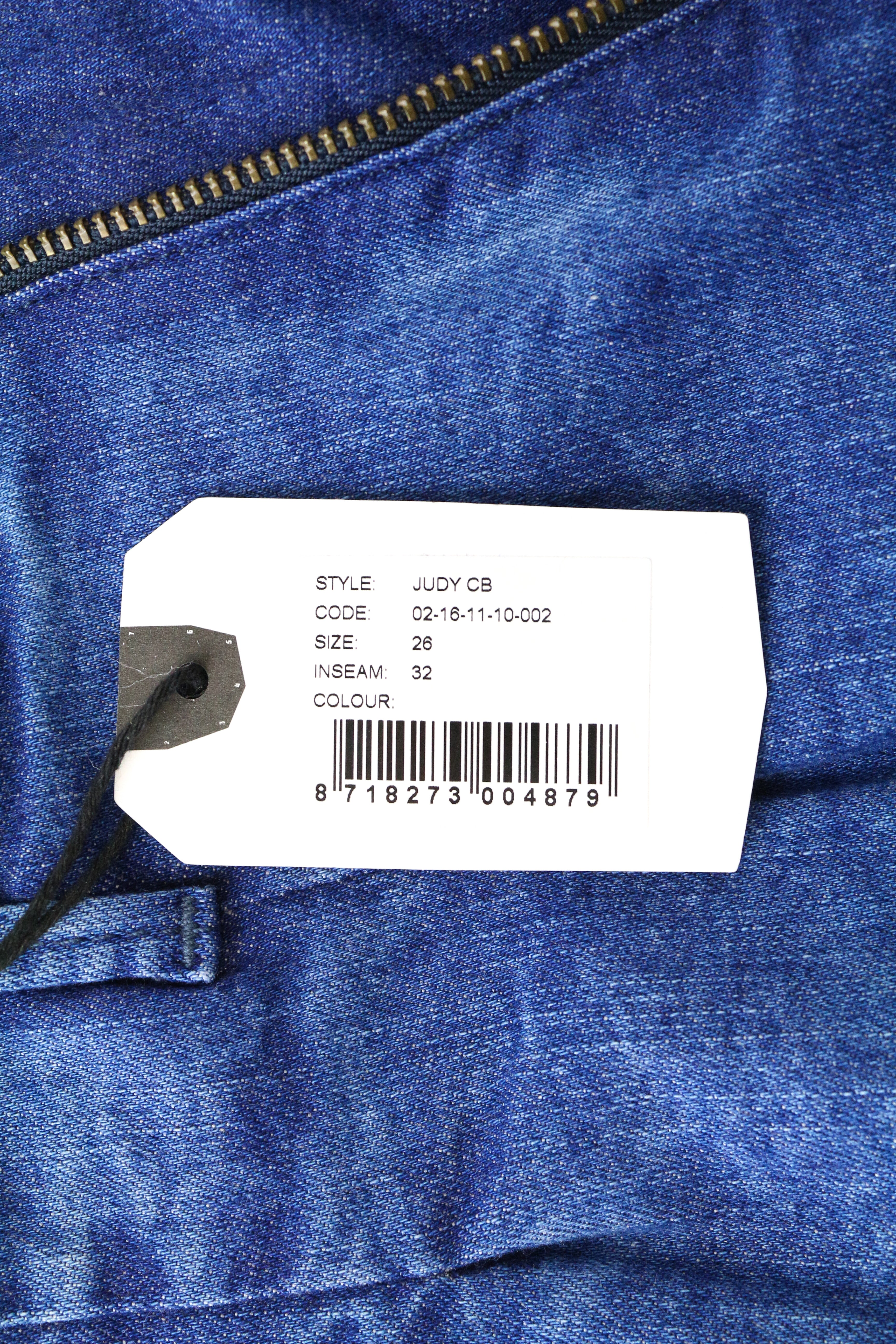 DENHAM Judy Flare moteriški džinsai W26/L32 mėlyni, tamprūs medvilniniai, aukštu juosmeniu, klostuoti 