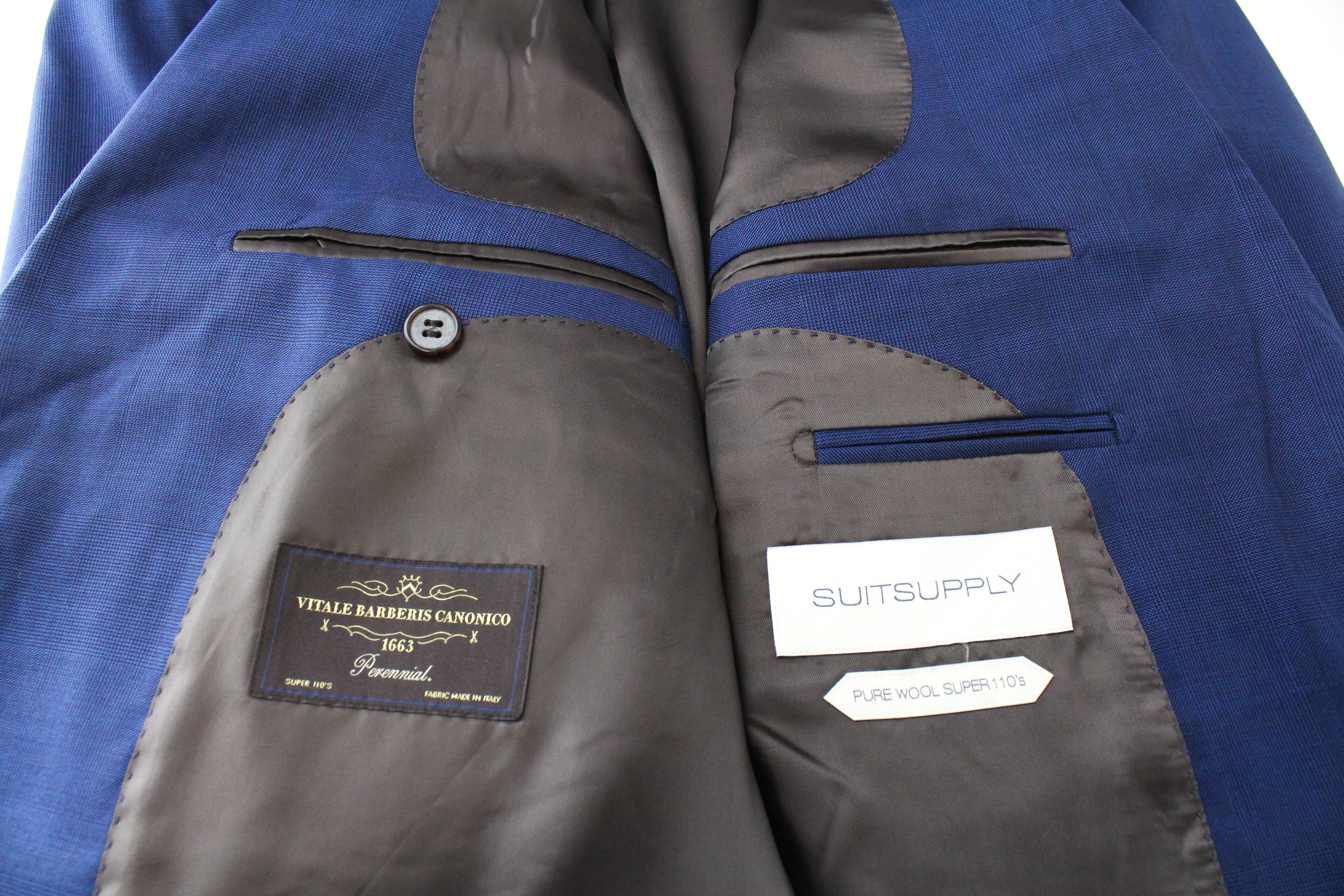 SUITSUPPLY Lazio vyriškas mėlynas vilnonis švarkas „UK48R“ plonas, klasikinio kirpimo, „Super 110's“ 