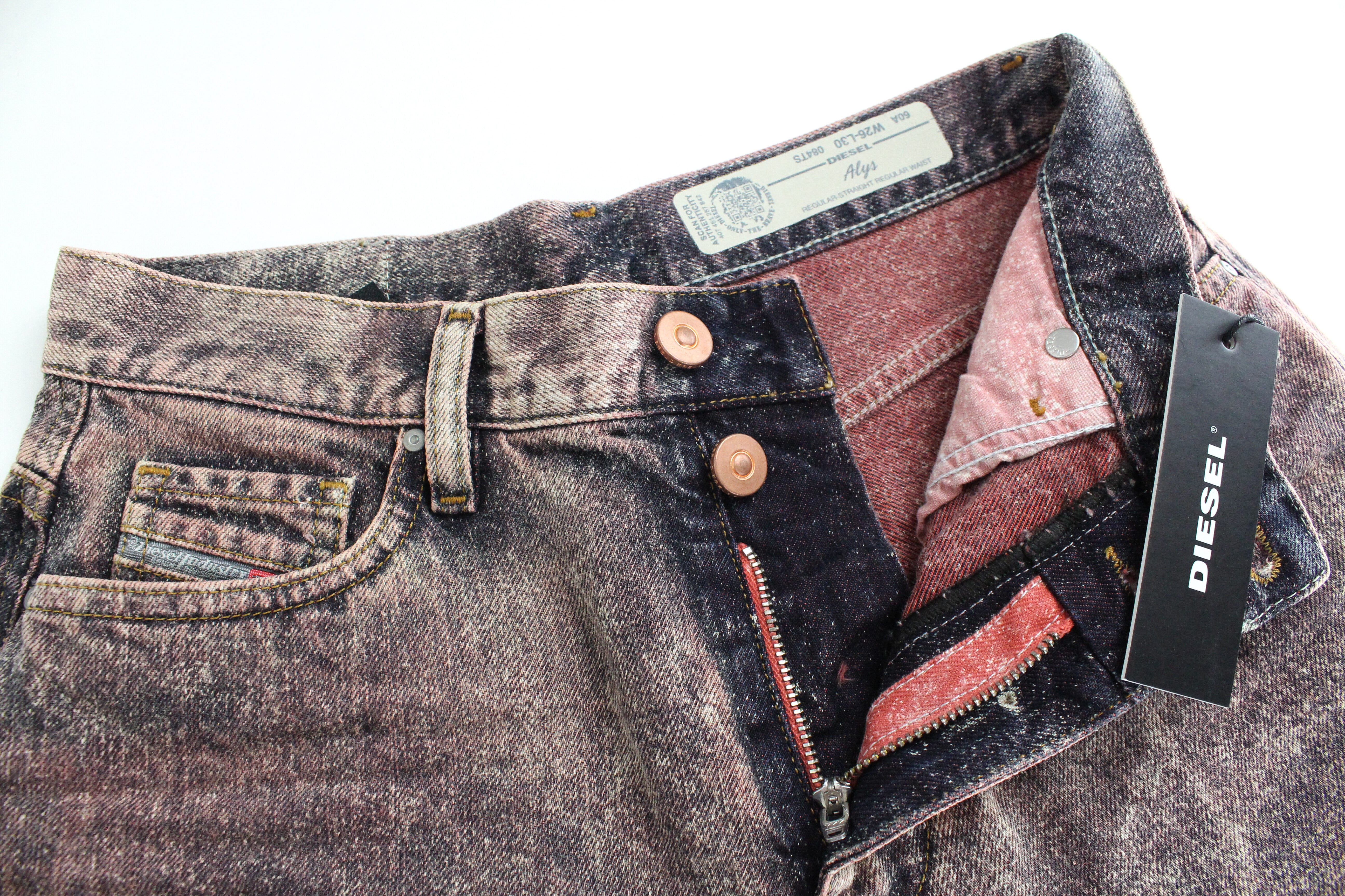 DIESEL Alys 084TS moteriški džinsai W26/L30 tiesaus kirpimo, medvilniniai, pilkai rožiniai, skalbti 