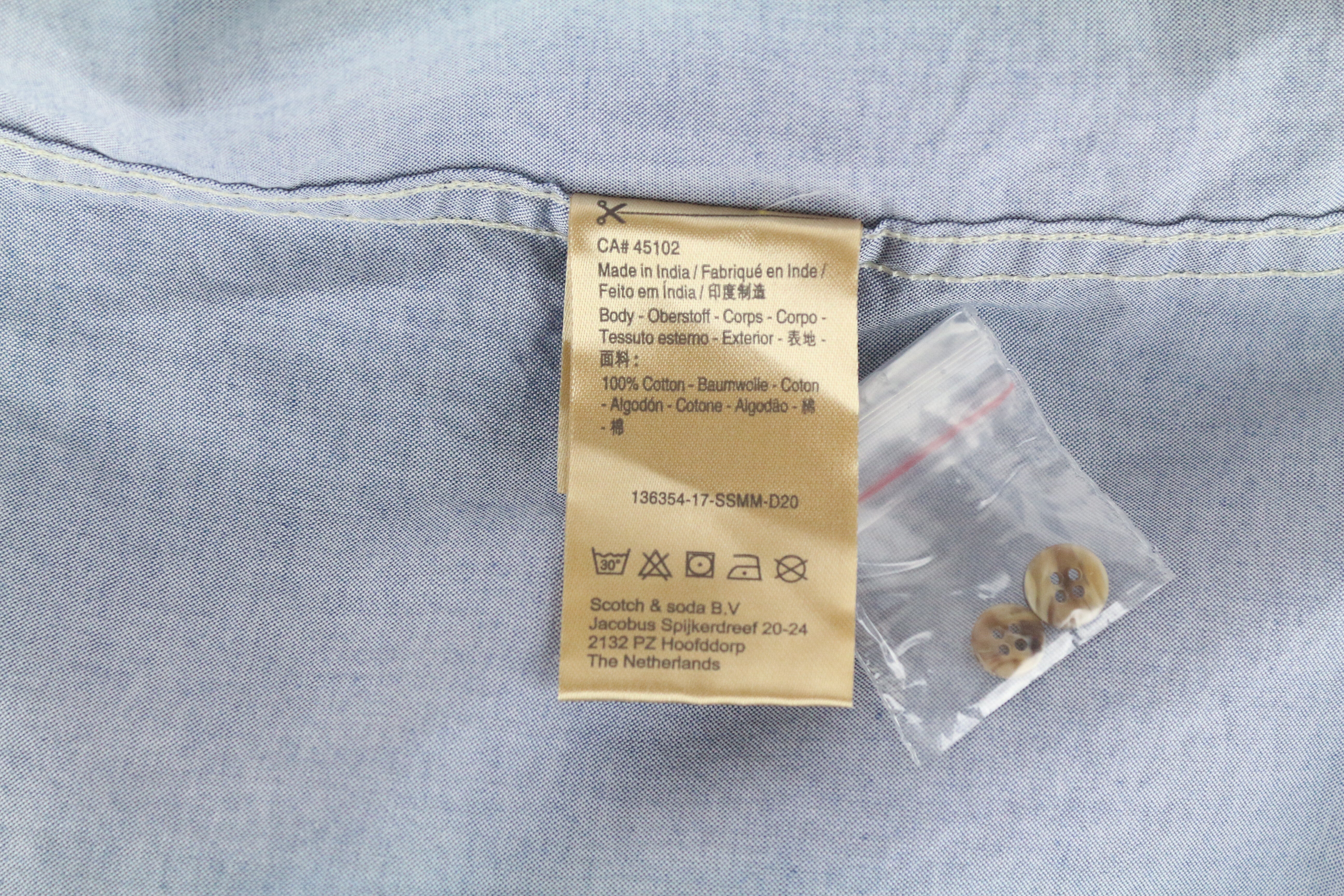 SCOTCH &amp; SODA Ams Couture vyriški marškinėliai, 2XL, mėlyni, su juostele apykakle, ilgomis rankovėmis, medvilniniai 