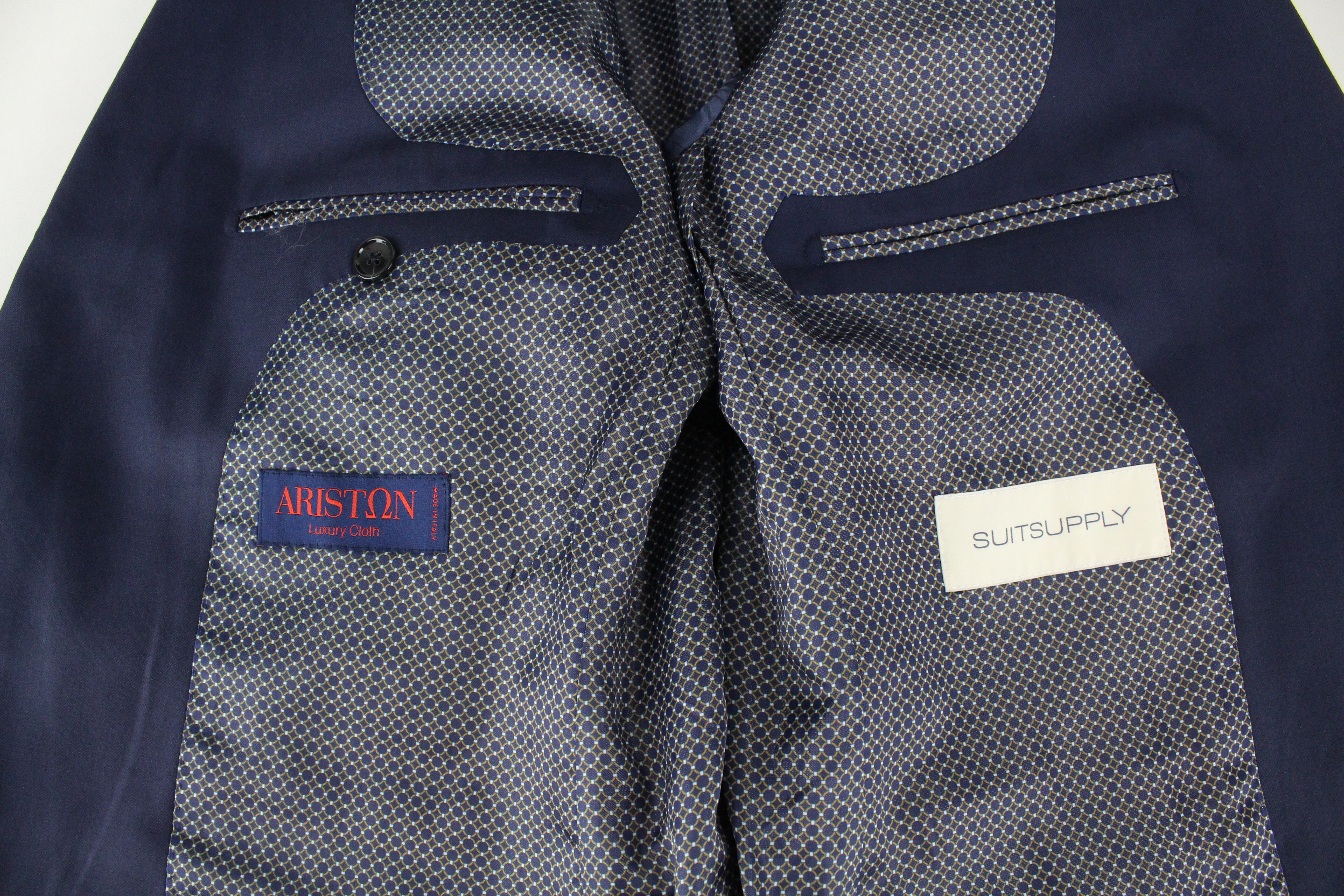 SUITSUPPLY La Spalla vyriškas kostiumas UK40R mėlynas vilnonis dviejų dalių pamušalu kostiumas 