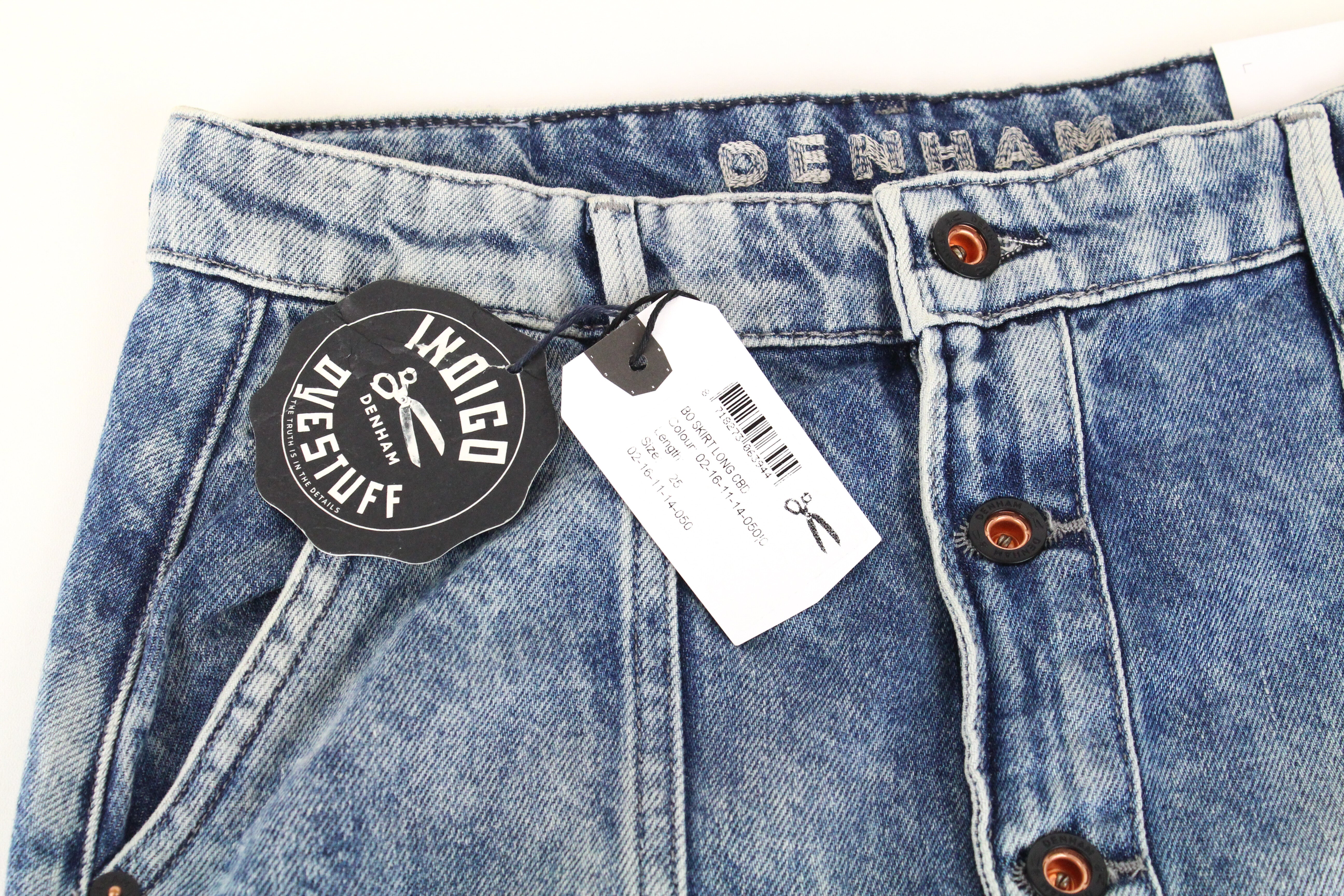 DENHAM Bo moteriškas W25 mėlynas medvilninis skalbtas mini sijonas su sagomis, džinsinio stiliaus 