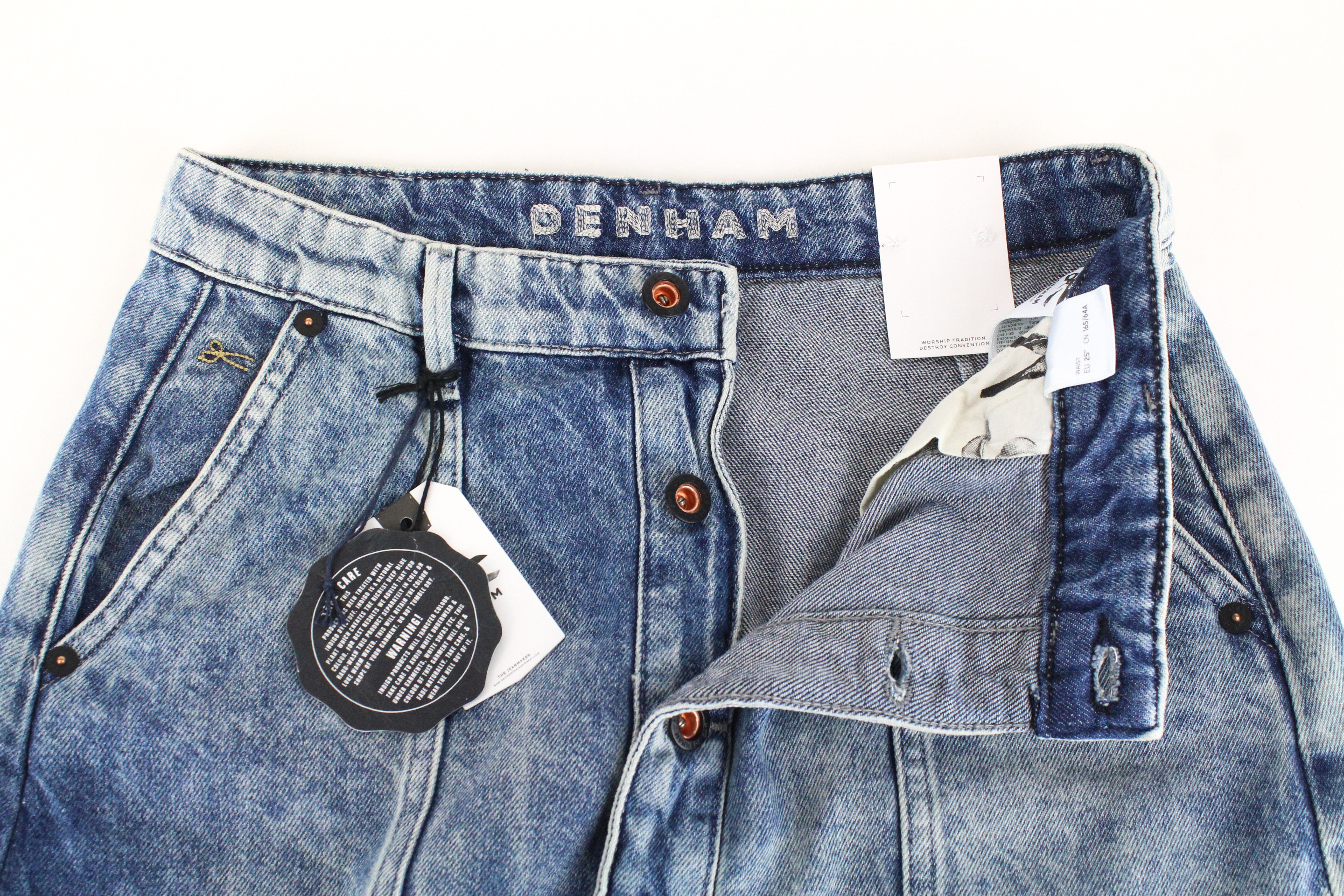 DENHAM Bo moteriškas W25 mėlynas medvilninis skalbtas mini sijonas su sagomis, džinsinio stiliaus 