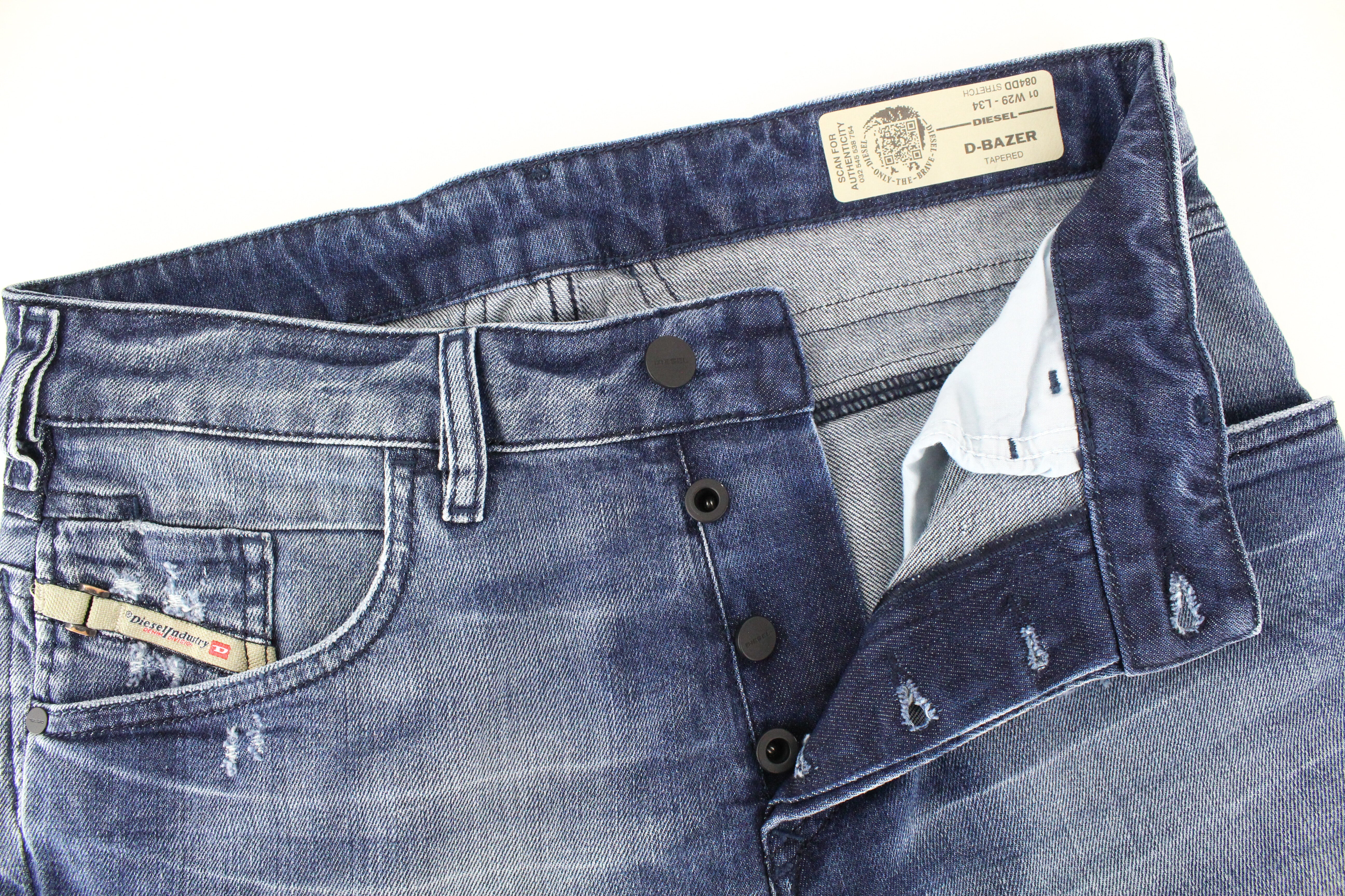 DIESEL D-Bazer 084DD vyriški džinsai W29/L34 siaurėjantys, tamprūs, skalbtos medvilnės, mėlynos spalvos 