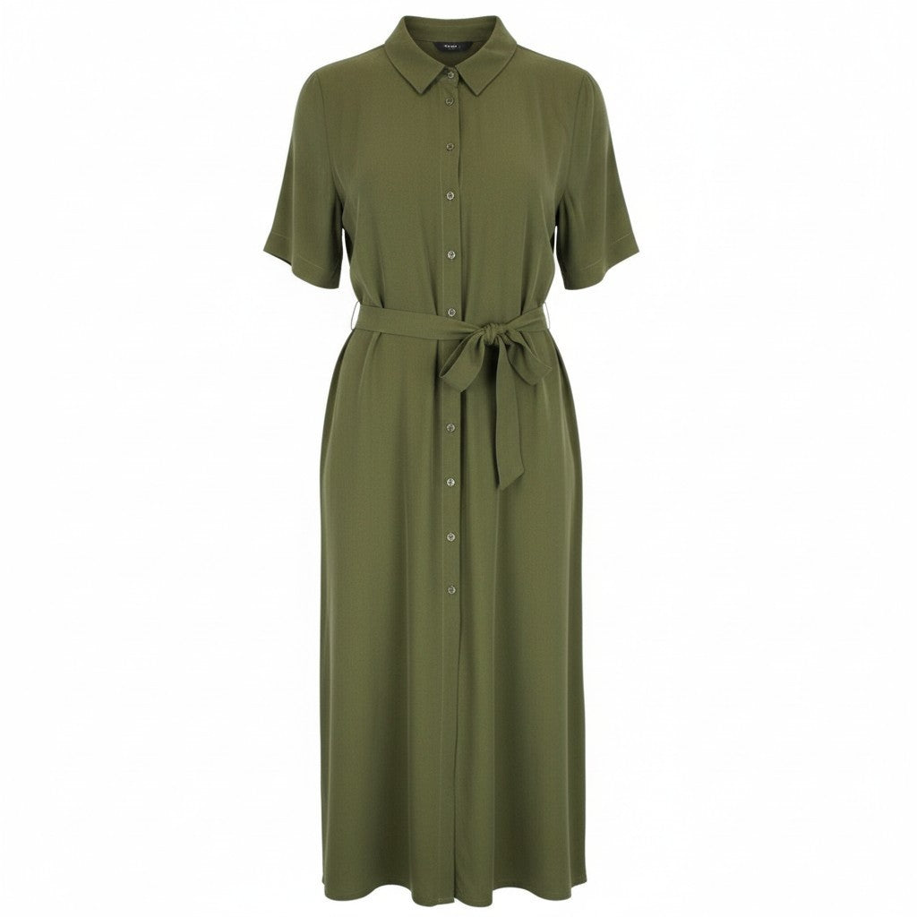 DENHAM Roxanne Women Dress L Green Short Sleeved Button-Up Belted Collared Long