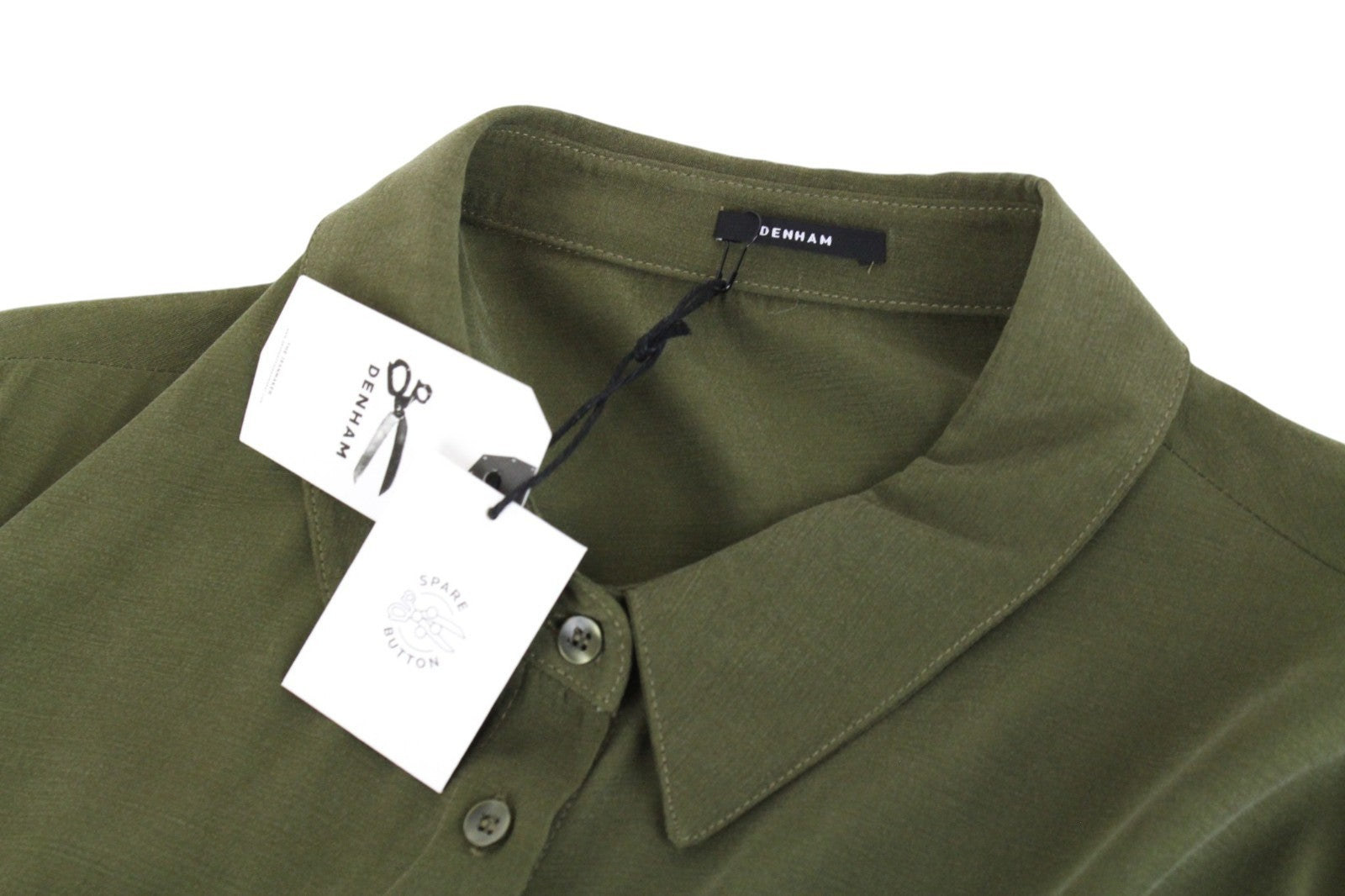 DENHAM Roxanne Women Dress L Green Short Sleeved Button-Up Belted Collared Long