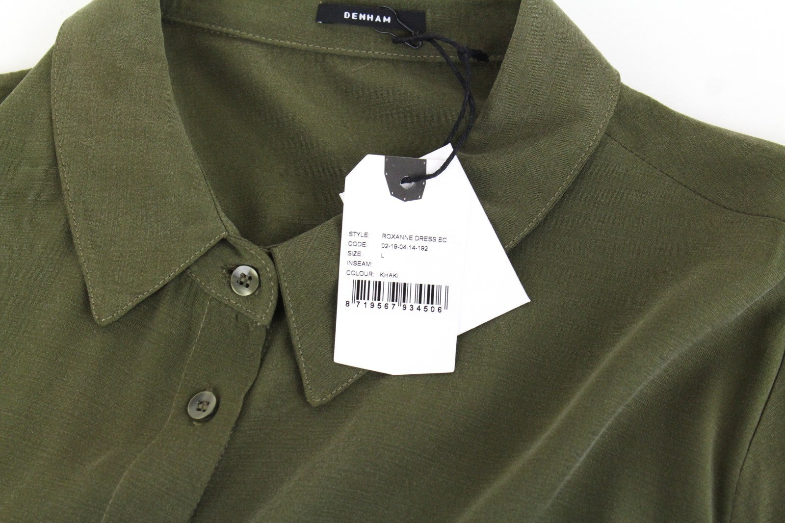 DENHAM Roxanne Women Dress L Green Short Sleeved Button-Up Belted Collared Long