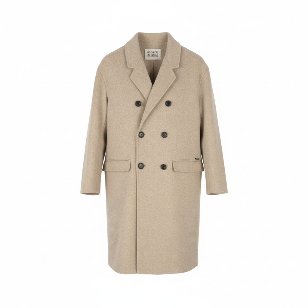 SCOTCH & SODA Men Coat M Light Beige Melange Wool Blend Double-Breasted