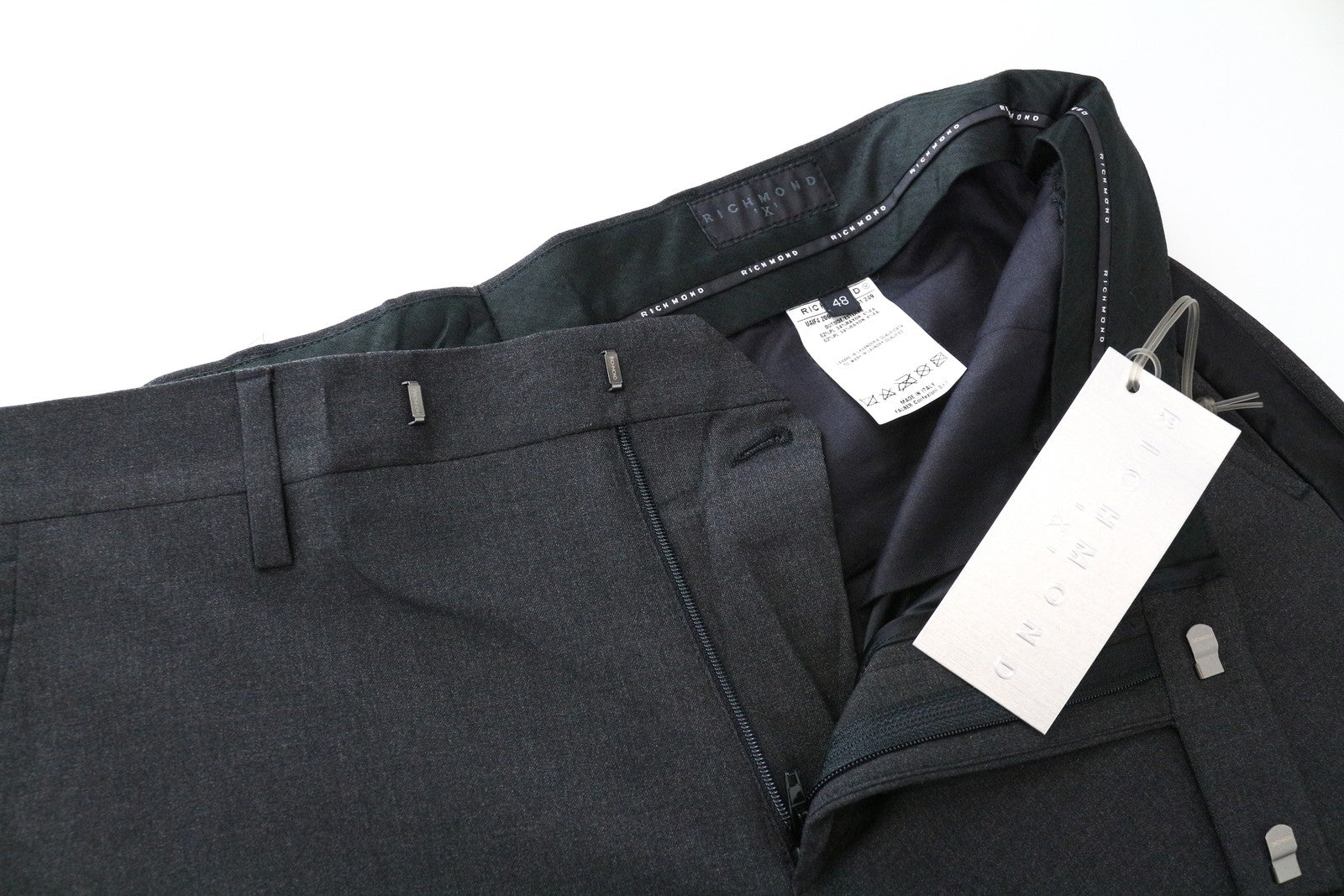 RICHMOND  Men Trousers 48 Straight Dark Grey Pleated Zip-Fly Melange Chino