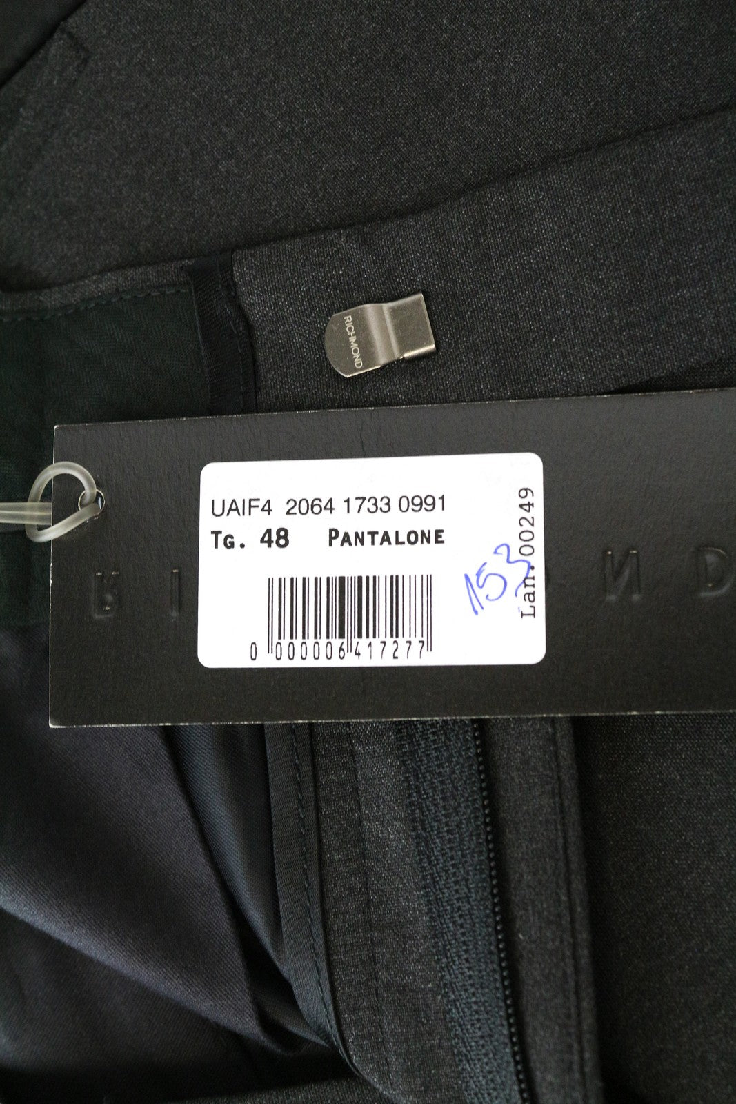 RICHMOND  Men Trousers 48 Straight Dark Grey Pleated Zip-Fly Melange Chino