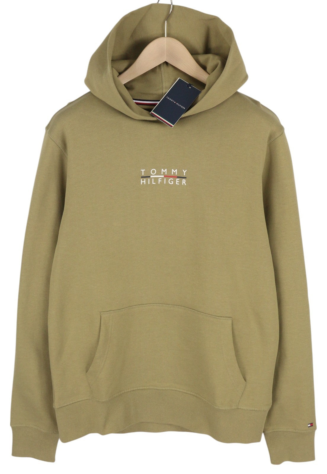 TOMMY HILFIGER Square Logo Men Hoodie L Brown Kangaroo Pocket Hooded Pull On