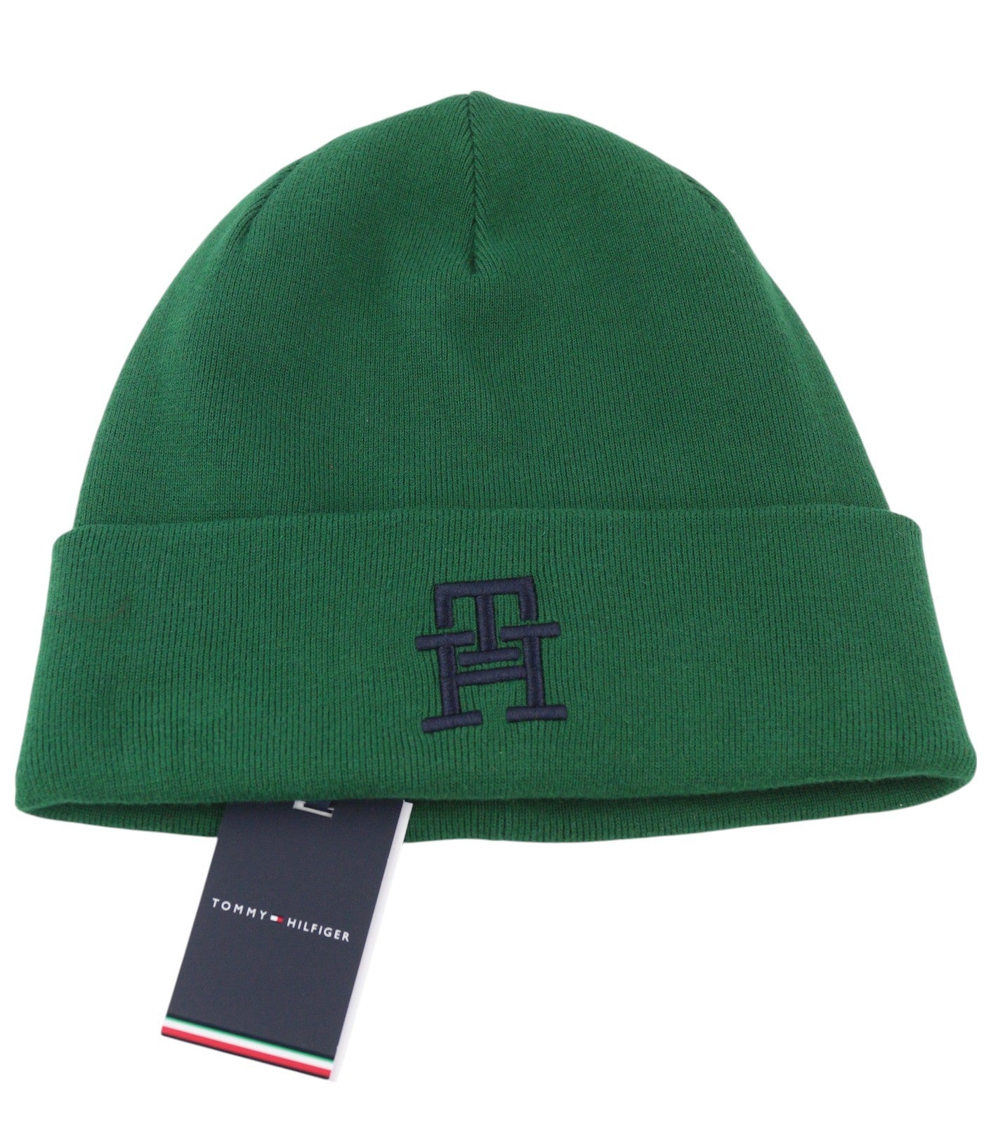 TOMMY HILFIGER New Prep Beanie Men Hat OS Green Cotton Knit Embroidered