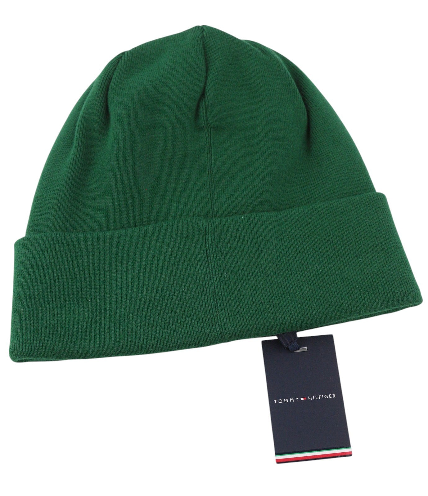 TOMMY HILFIGER New Prep Beanie Men Hat OS Green Cotton Knit Embroidered
