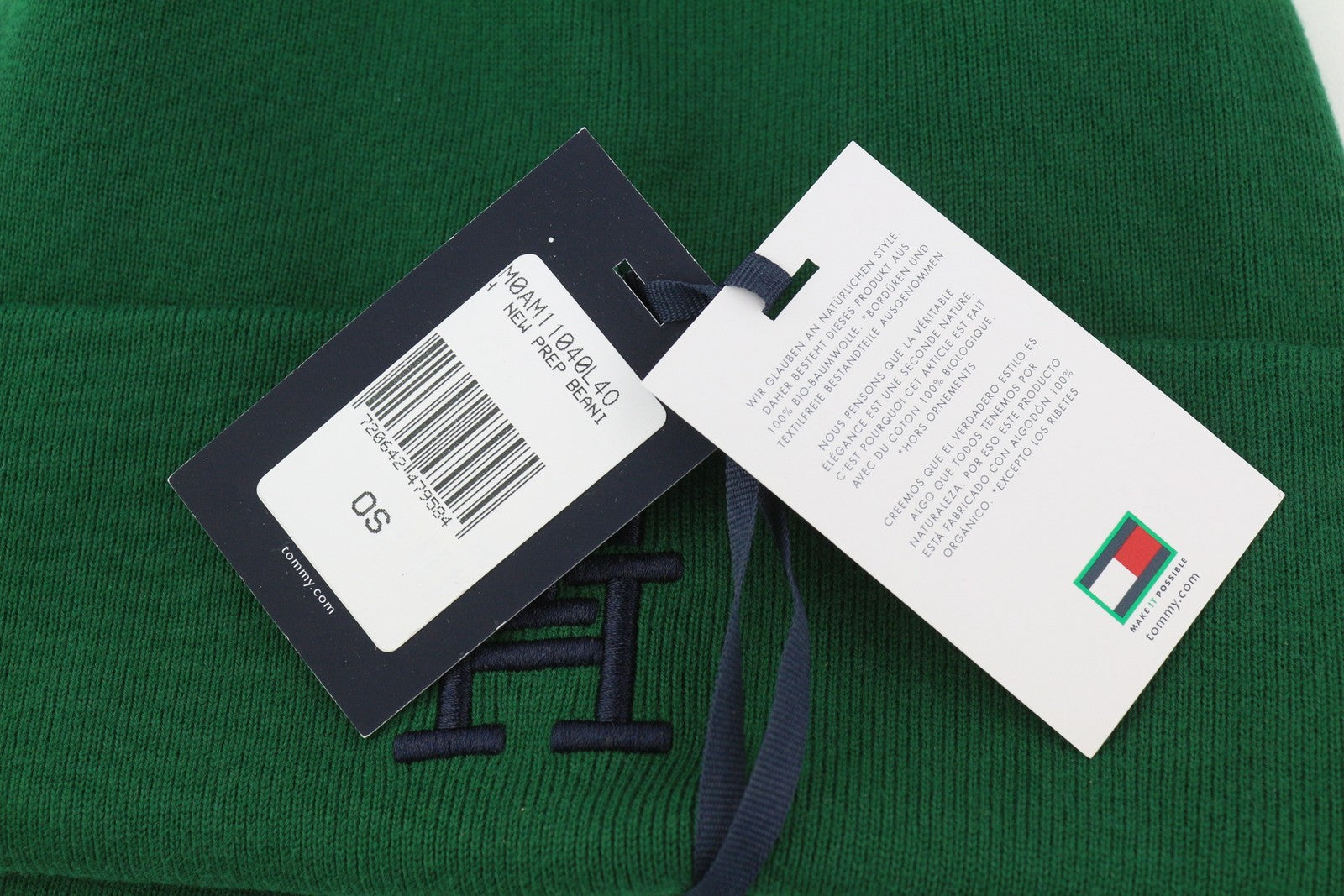 TOMMY HILFIGER New Prep Beanie Men Hat OS Green Cotton Knit Embroidered