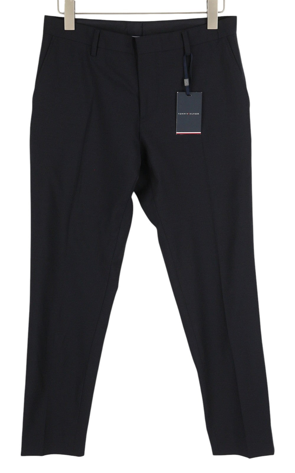 TOMMY HILFIGER Men Trousers 48 Dark Blue THFlex Wool Blend Slim Fit Flat Front