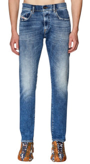 DIESEL 2019 D-Strukt 09G32 Men Jeans W30/L34 Blue Whiskers Faded Distress RRP180