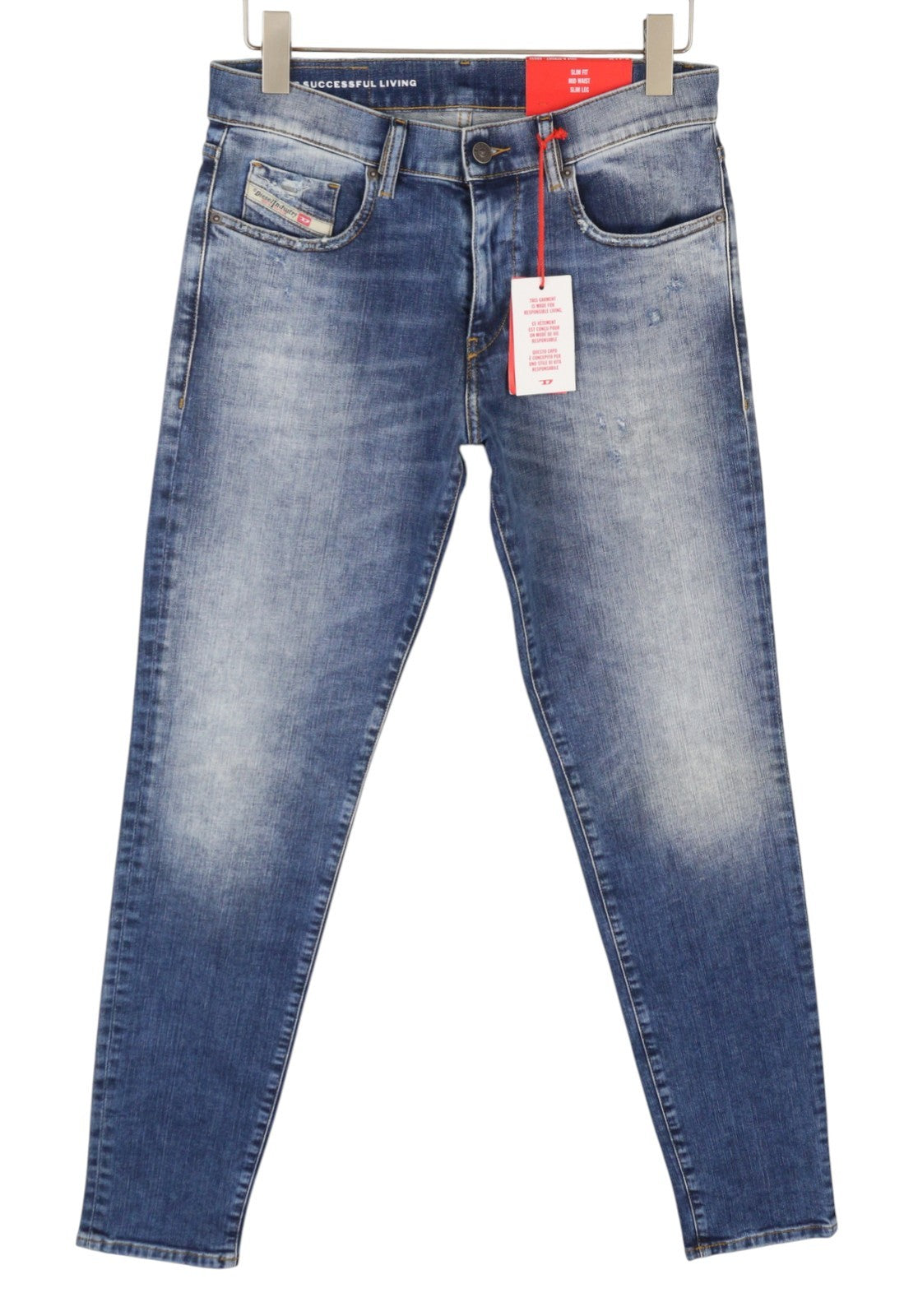 DIESEL 2019 D-Strukt 09G32 Men Jeans W30/L34 Blue Whiskers Faded Distress RRP180