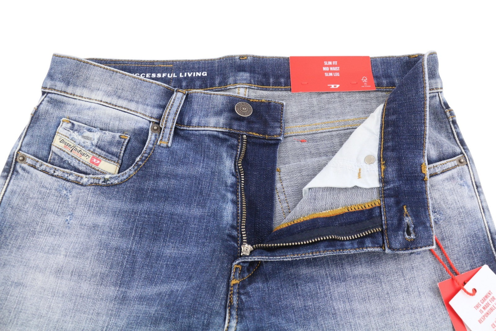 DIESEL 2019 D-Strukt 09G32 Men Jeans W30/L34 Blue Whiskers Faded Distress RRP180