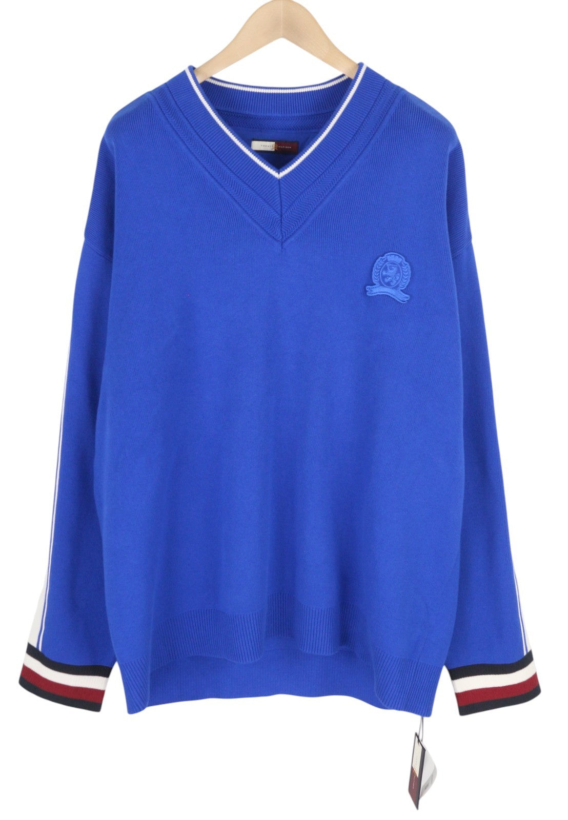 TOMMY HILFIGER V-Neck Cricket Men Jumper XL Blue Tight-Knit Patch Logo Pull On