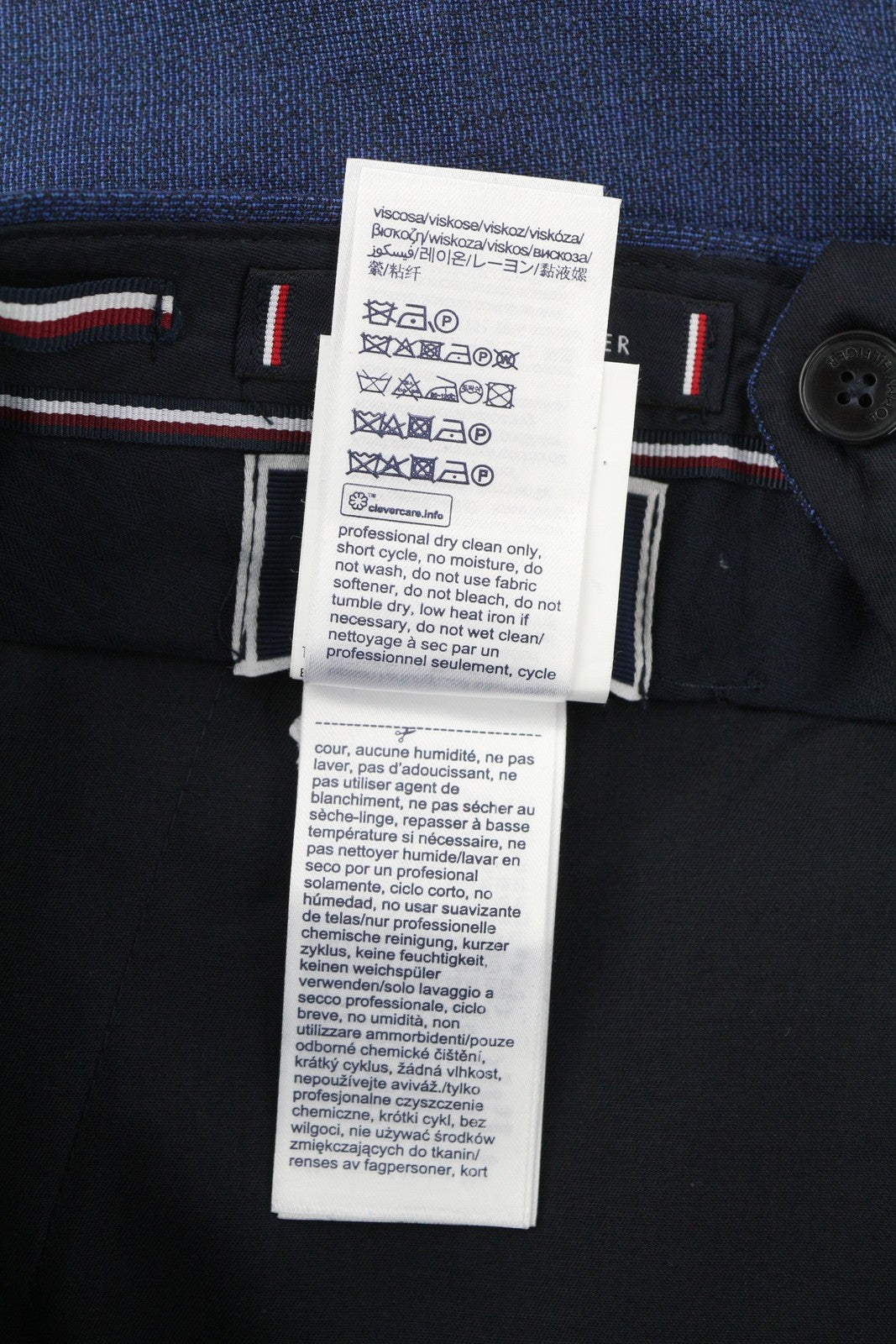 TOMMY HILFIGER Micro Structure Men Trousers W31 Blue THFlex Wool Blend Slim Fit