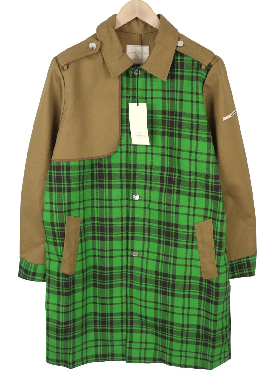 SCOTCH & SODA Men Coat M Green Check Printed Mid Length Trench RRP349