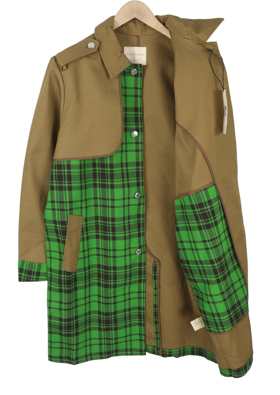 SCOTCH & SODA Men Coat M Green Check Printed Mid Length Trench RRP349