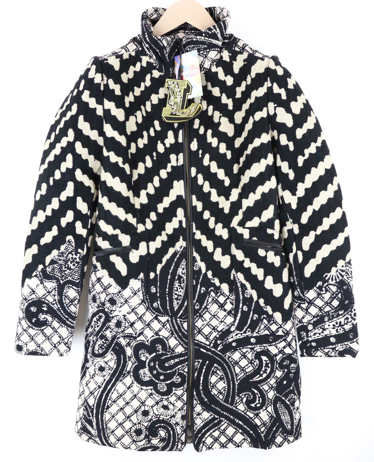DESIGUAL Kytzia Women Coat 38 Grey Wool Blend Patterns Single-Breasted Lined