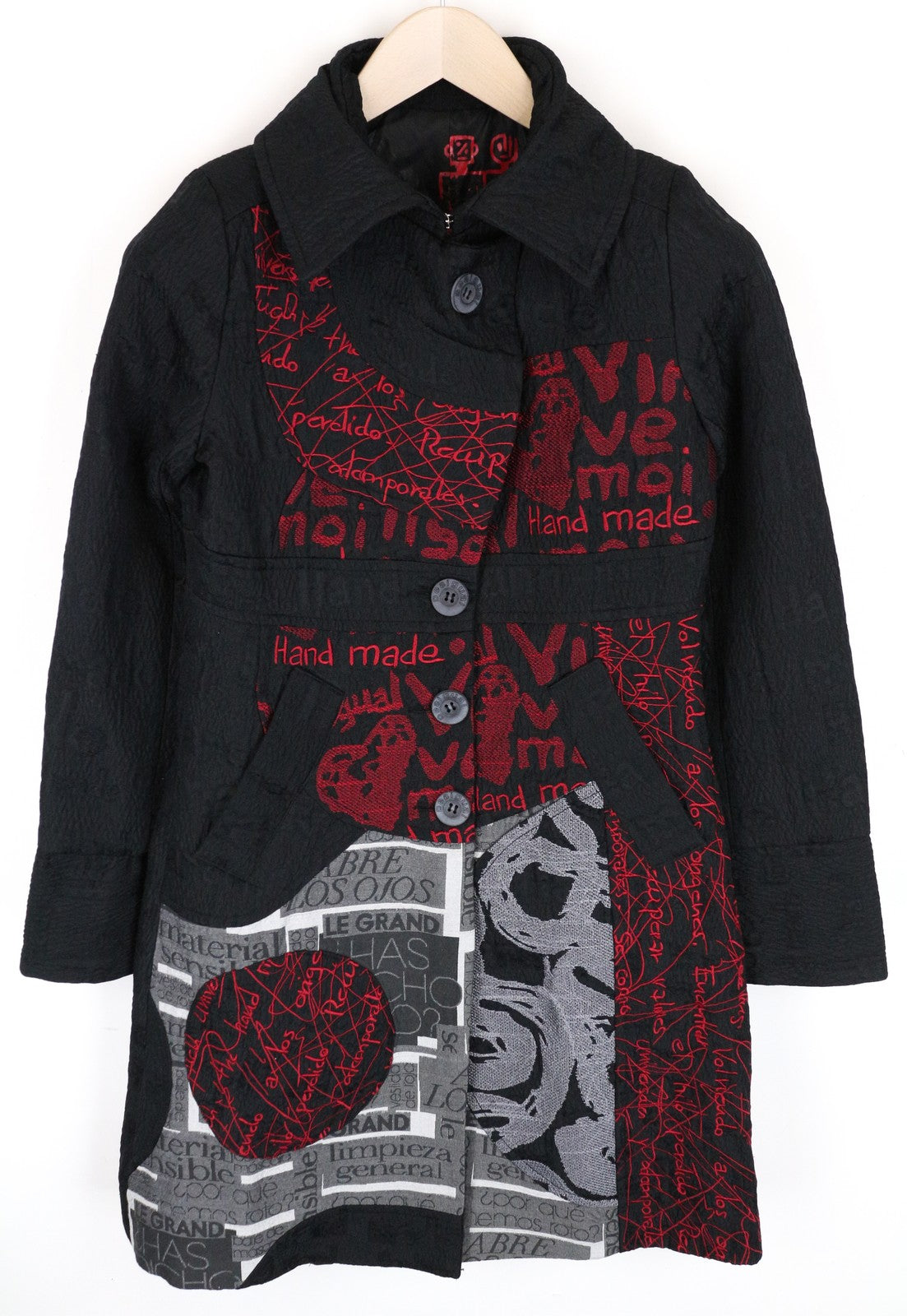 DESIGUAL Women Coat ~38 Black Pattern Crinkle Effect Cotton Blend Single-Breast