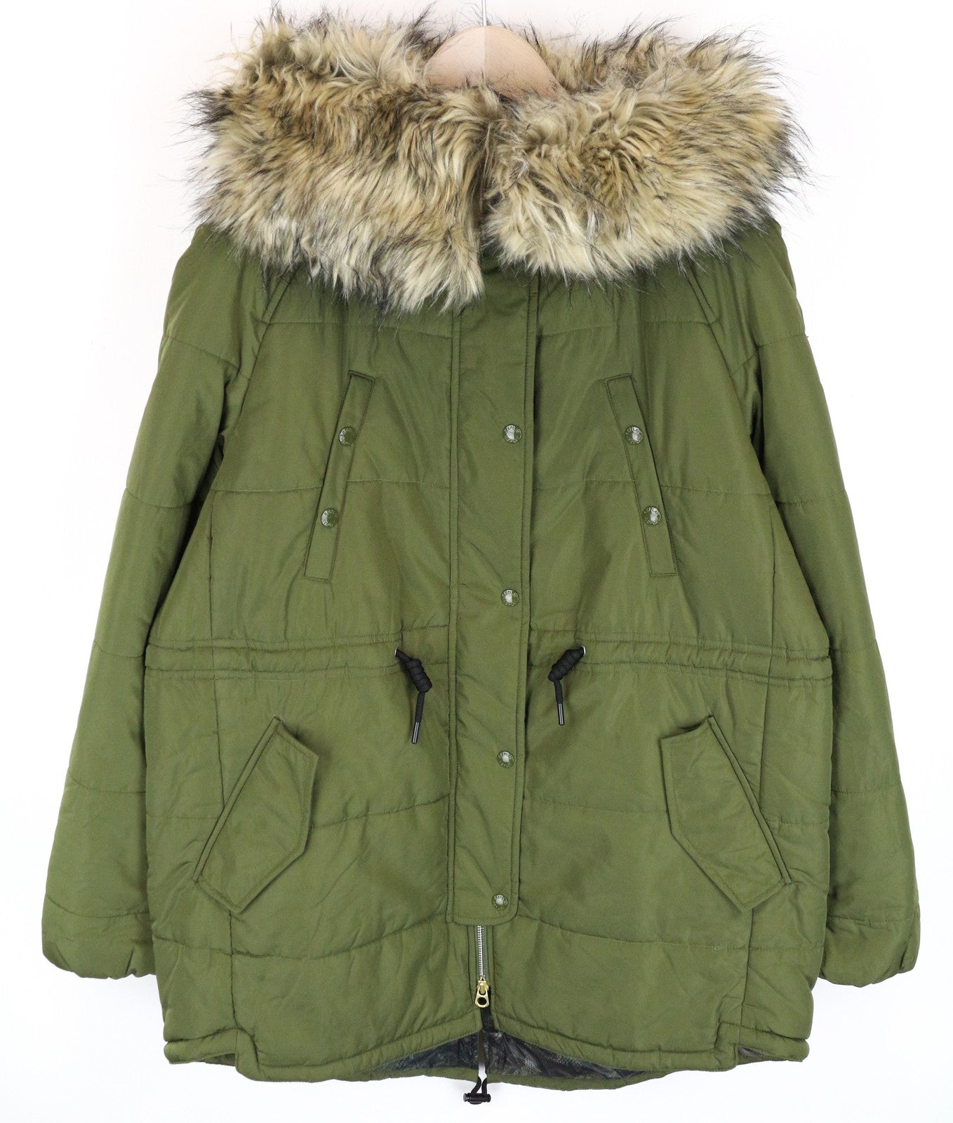 REPLAY Women Jacket M Green Single-Breasted Zip Snaps Hooded Faux Fur Parka