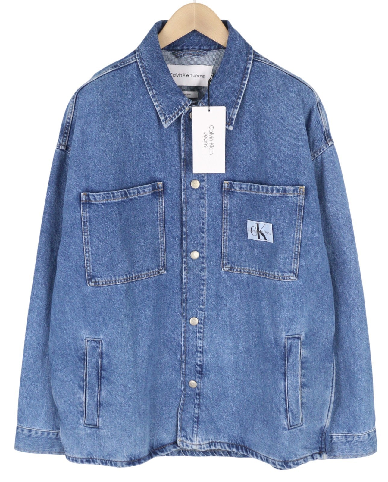 CALVIN KLEIN Men Jacket XS Denim Blue Trucker Oversized Snap Buttons RRP119