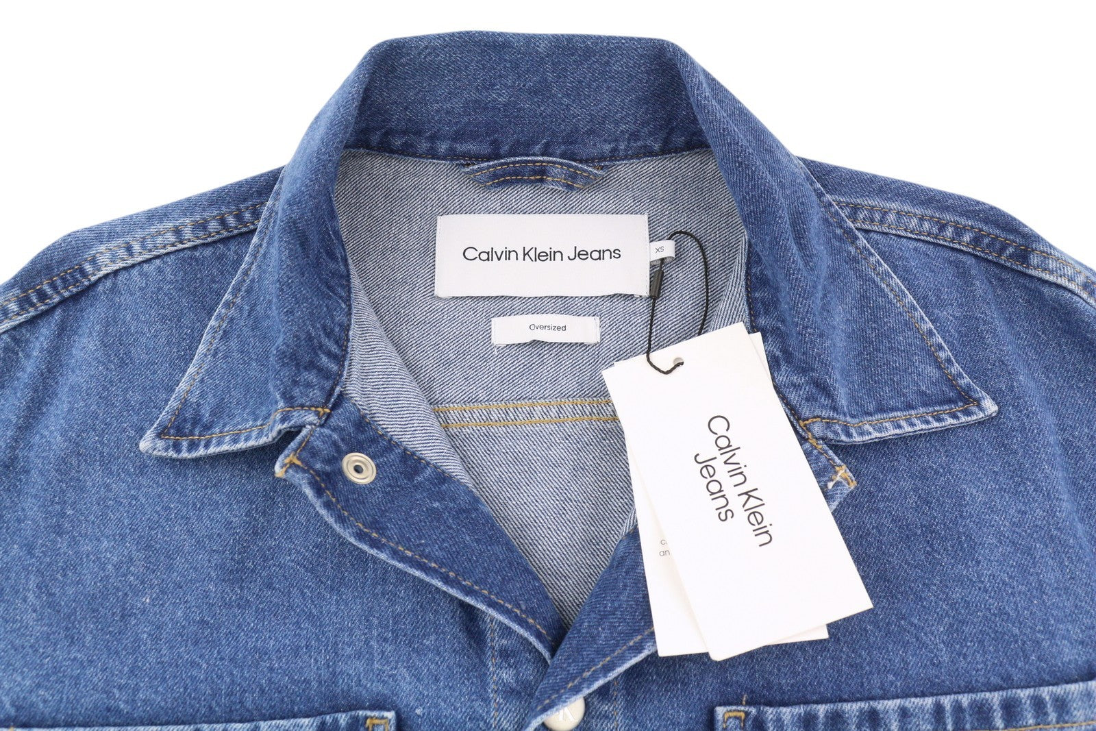 CALVIN KLEIN Men Jacket XS Denim Blue Trucker Oversized Snap Buttons RRP119