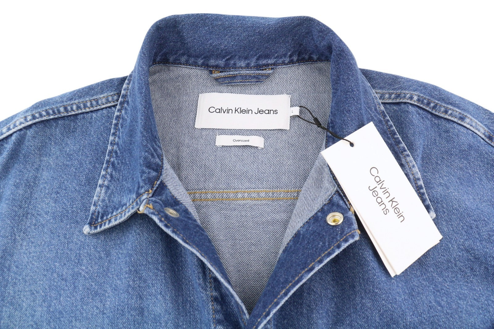 CALVIN KLEIN Men Jacket L Denim Blue Trucker Oversized Snap Buttons RRP119
