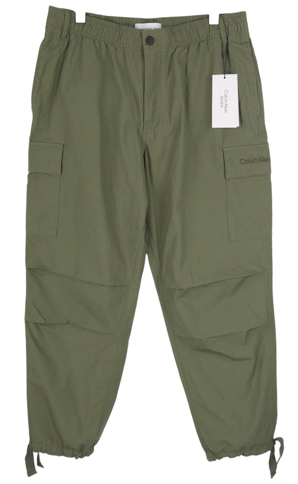 CALVIN KLEIN Essential Regular Men Trousers L Green Cargo Elastic Waist Logo