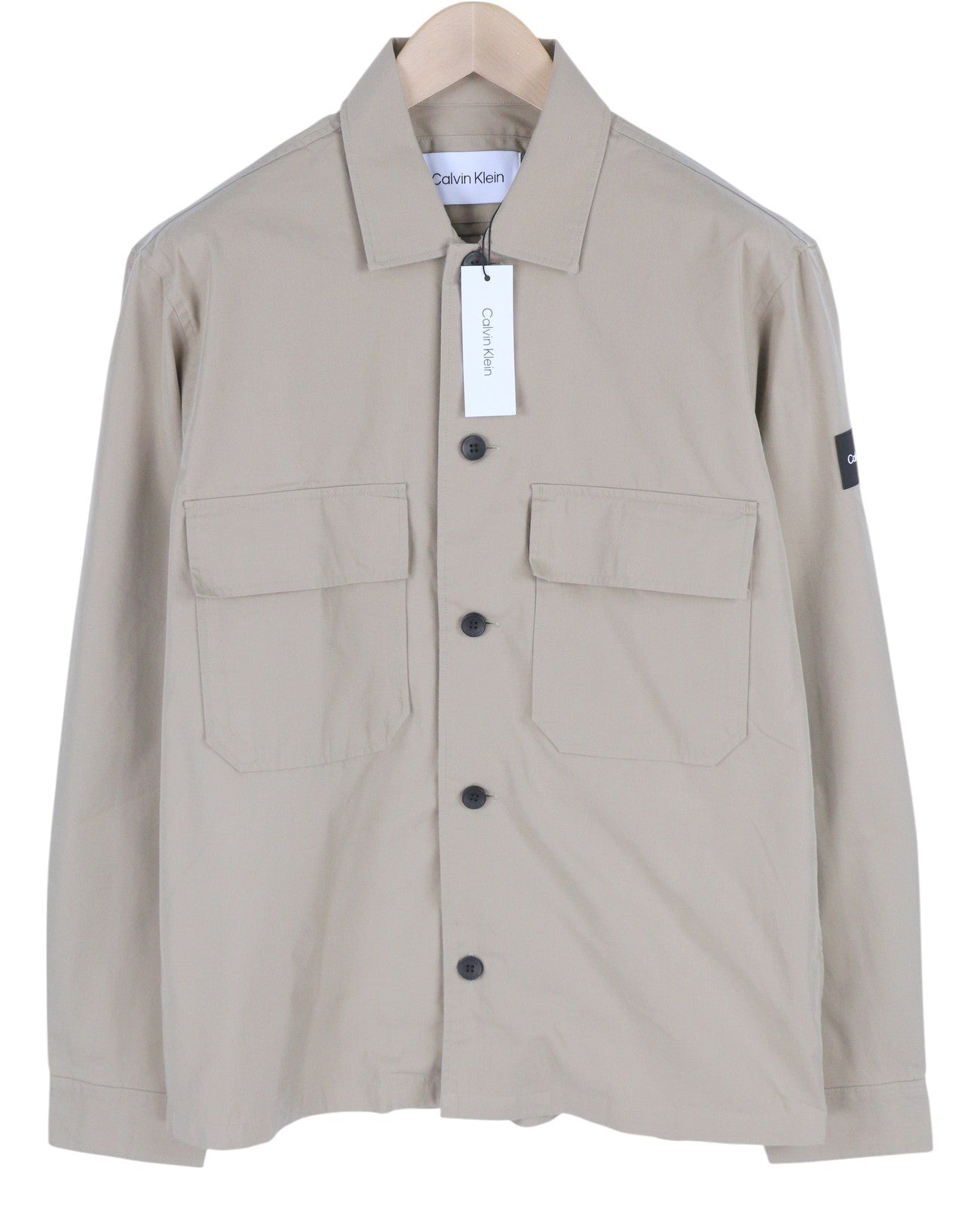CALVIN KLEIN Men Shirt L Beige Button-Up Polo Patch Pockets Overshirt RRP119