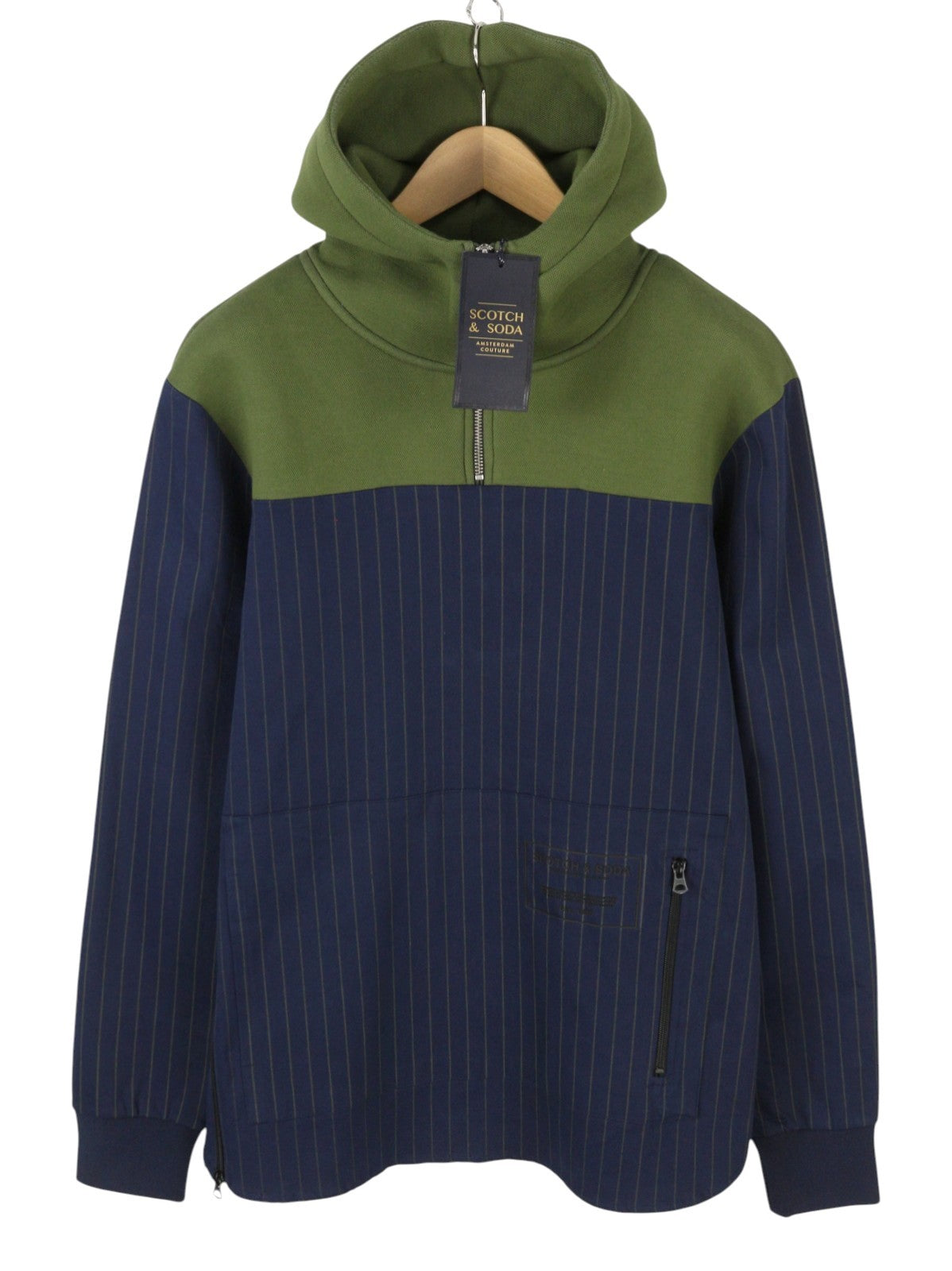 SCOTCH & SODA Men Jacket M Blue Pinstriped Half Zip Hooded Lightweight Anorak