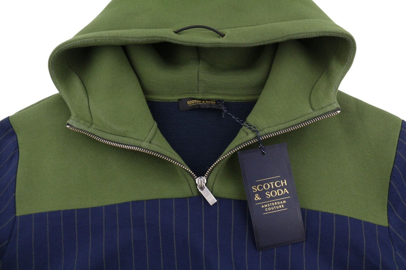 SCOTCH & SODA Men Jacket M Blue Pinstriped Half Zip Hooded Lightweight Anorak