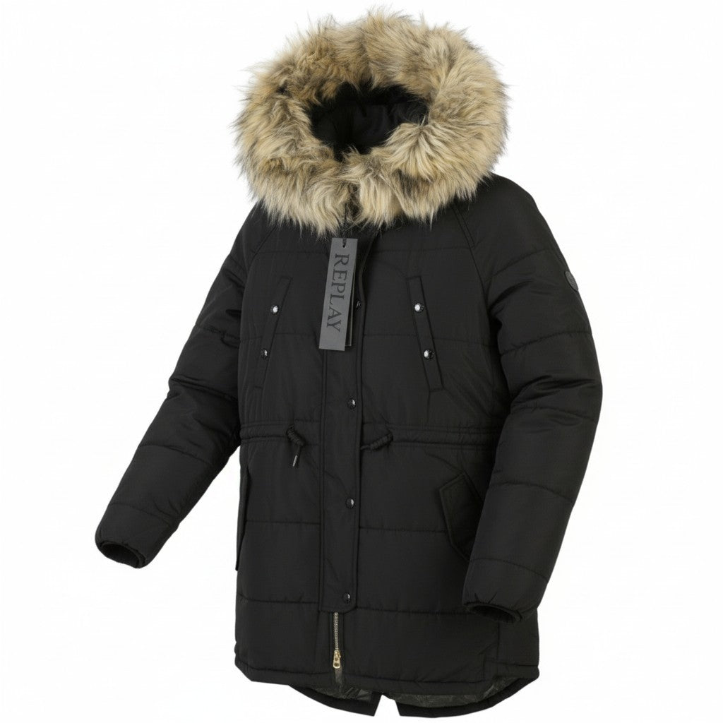 REPLAY Women Jacket M Black Padded Quilted Drawstring Waist Parka