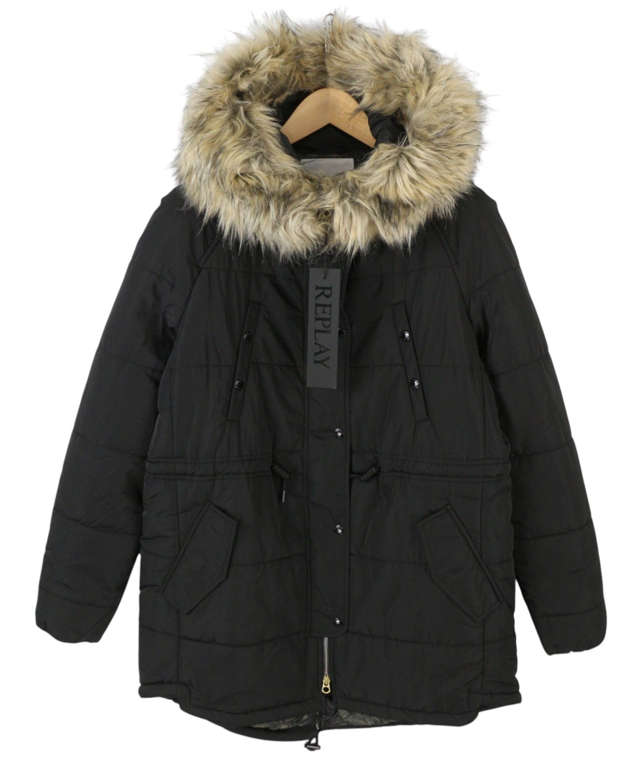 REPLAY Women Jacket M Black Padded Quilted Drawstring Waist Parka